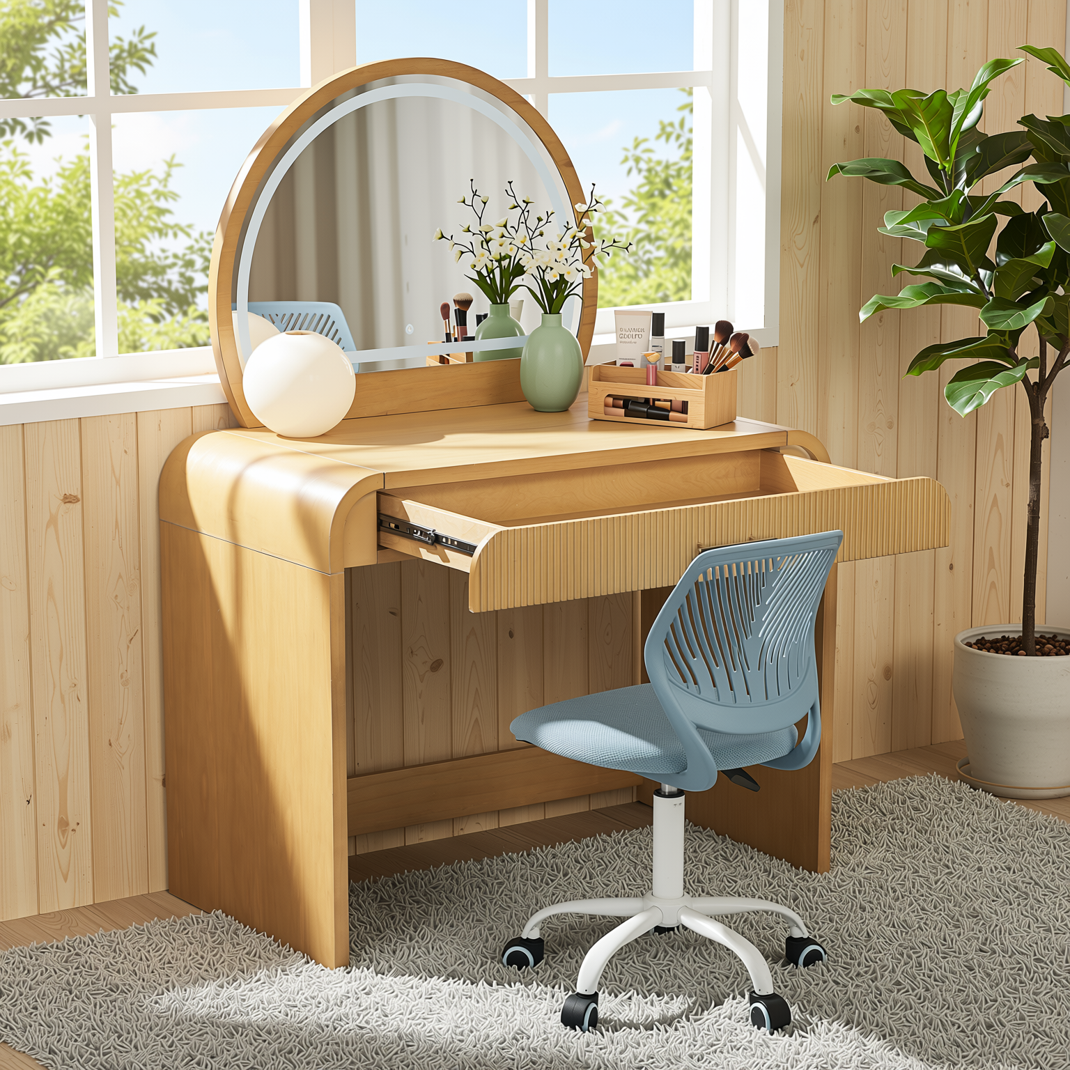 Homy Casa Solis+Carnation Vanity Desk and Chair 2PC Bedroom Vanity Set with Lighted Mirror and Storage in Natural & Blue
