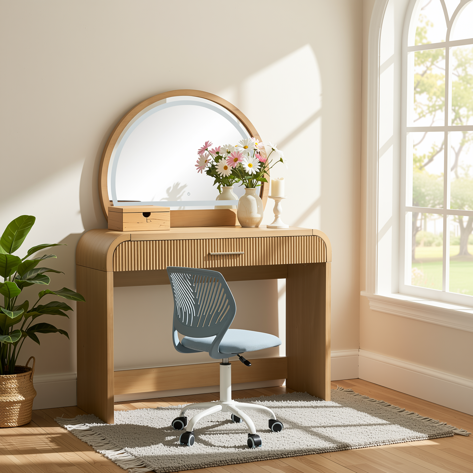 Homy Casa Solis+Carnation Vanity Desk and Chair 2PC Bedroom Vanity Set with Lighted Mirror and Storage in Natural & Blue