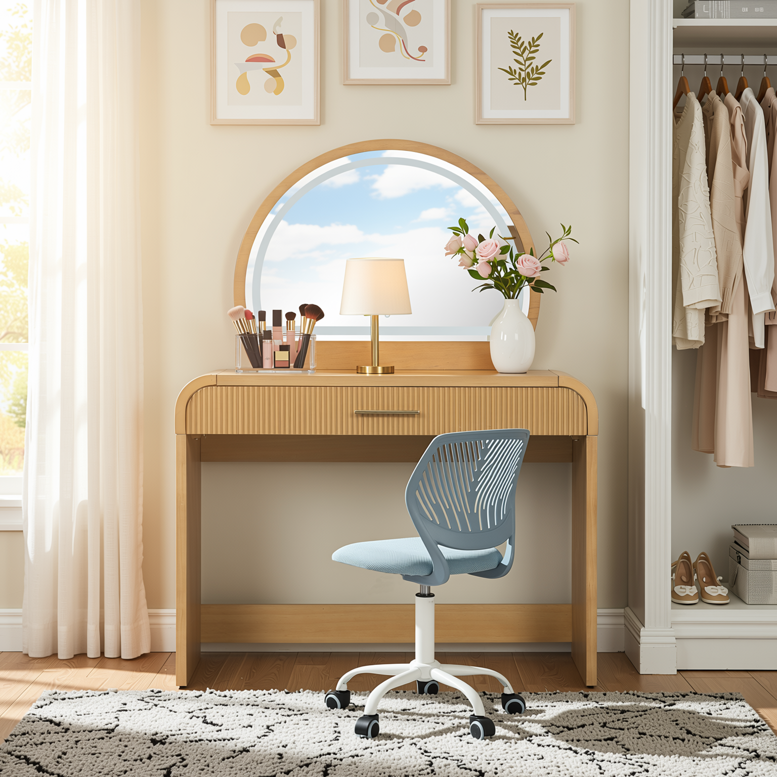 Homy Casa Solis+Carnation Vanity Desk and Chair 2PC Bedroom Vanity Set with Lighted Mirror and Storage in Natural & Blue