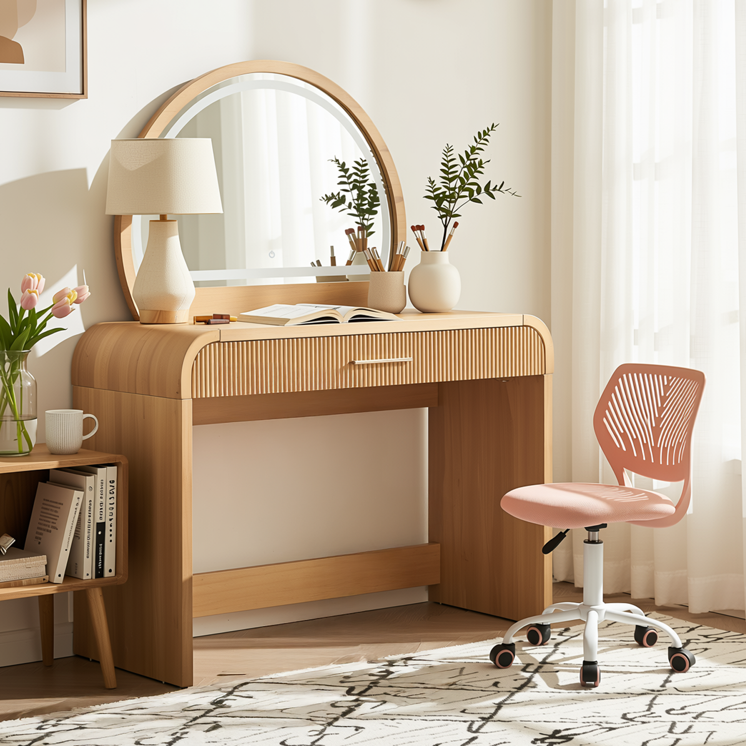 Homy Casa Solis 2PC Vanity Set 39” Makeup Vanity Desk with Touch Lighted Mirror, Storage Drawer & Carnation Morandi Pink Swivel Chair