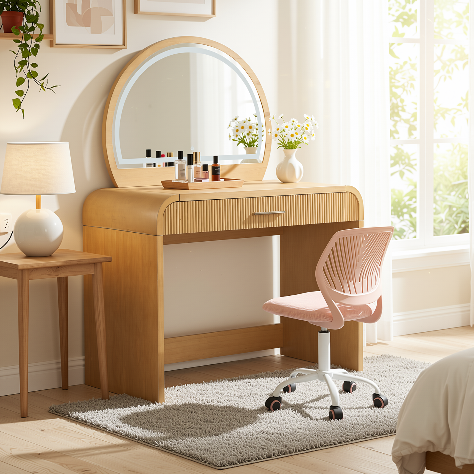 Homy Casa Solis 2PC Vanity Set 39” Makeup Vanity Desk with Touch Lighted Mirror, Storage Drawer & Carnation Morandi Pink Swivel Chair