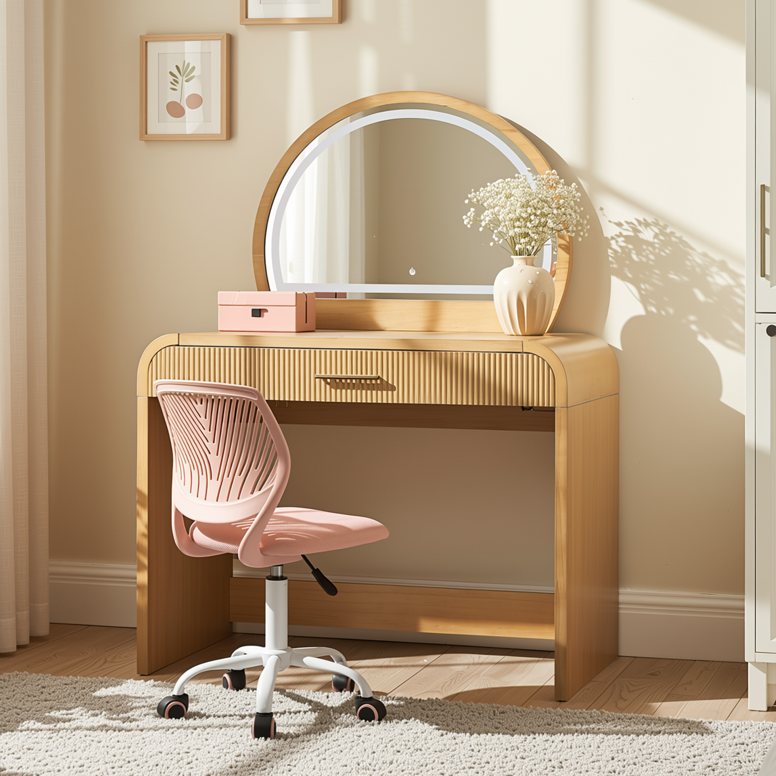 Homy Casa Solis 2PC Vanity Set 39” Makeup Vanity Desk with Touch Lighted Mirror, Storage Drawer & Carnation Morandi Pink Swivel Chair