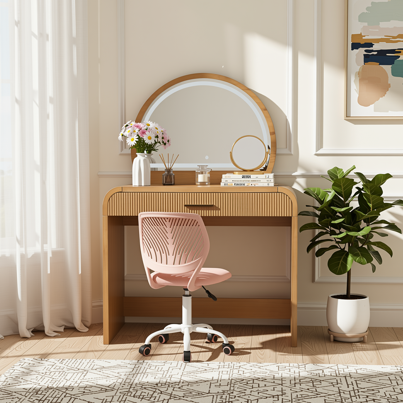 Homy Casa Solis 2PC Vanity Set 39” Makeup Vanity Desk with Touch Lighted Mirror, Storage Drawer & Carnation Morandi Pink Swivel Chair