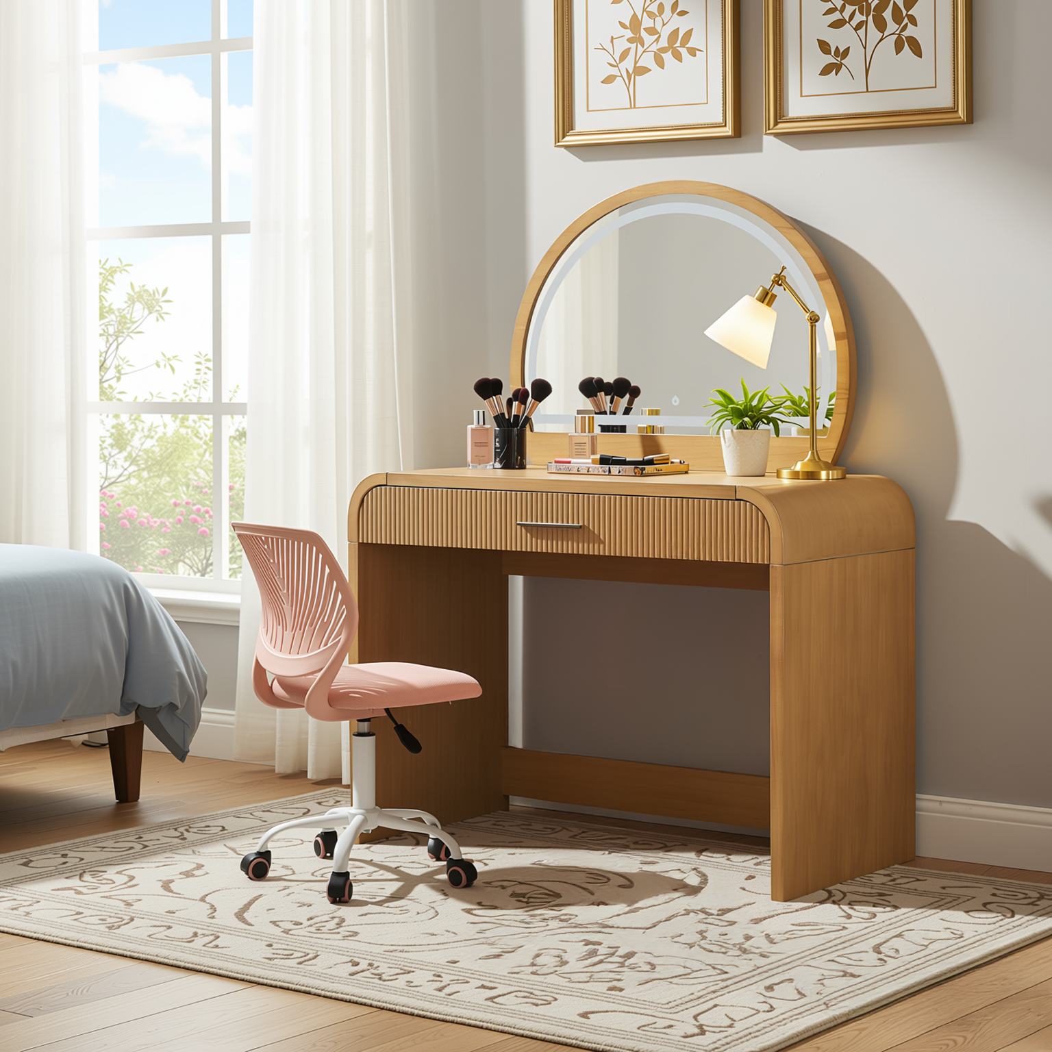 Homy Casa Solis 2PC Vanity Set 39” Makeup Vanity Desk with Touch Lighted Mirror, Storage Drawer & Carnation Morandi Pink Swivel Chair