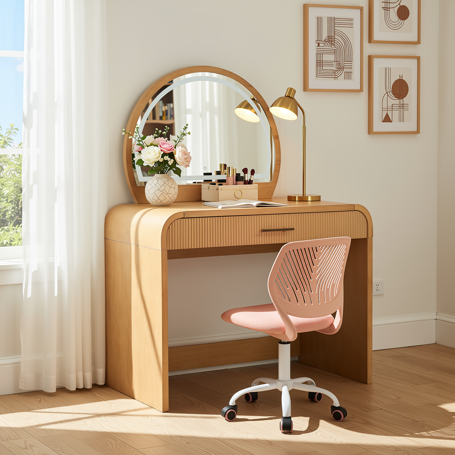 Homy Casa Solis 2PC Vanity Set 39” Makeup Vanity Desk with Touch Lighted Mirror, Storage Drawer & Carnation Morandi Pink Swivel Chair
