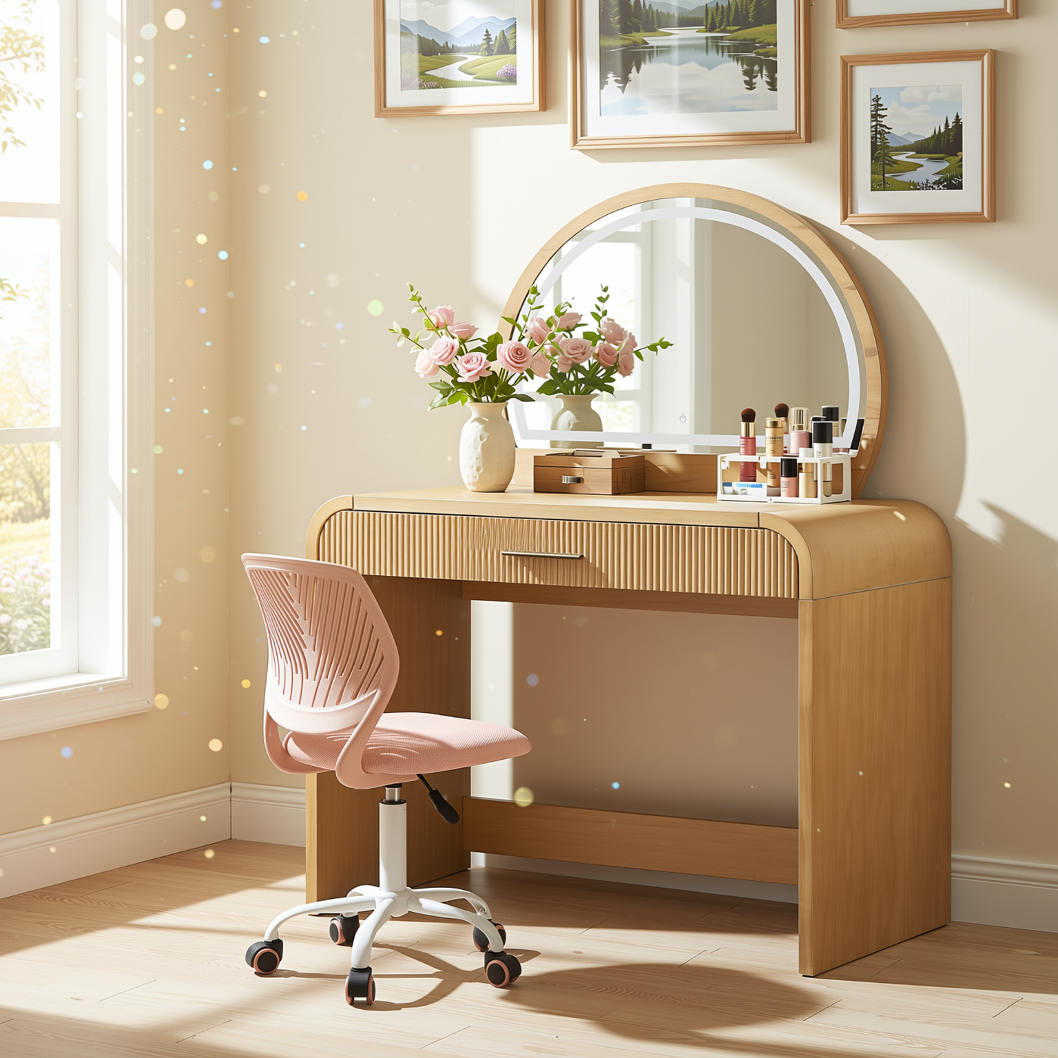 Homy Casa Solis 2PC Vanity Set 39” Makeup Vanity Desk with Touch Lighted Mirror, Storage Drawer & Carnation Morandi Pink Swivel Chair