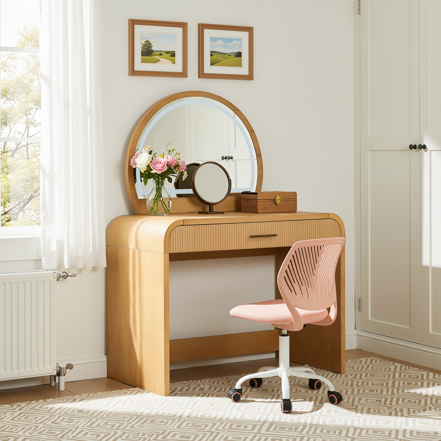 Homy Casa Solis 2PC Vanity Set 39” Makeup Vanity Desk with Touch Lighted Mirror, Storage Drawer & Carnation Morandi Pink Swivel Chair