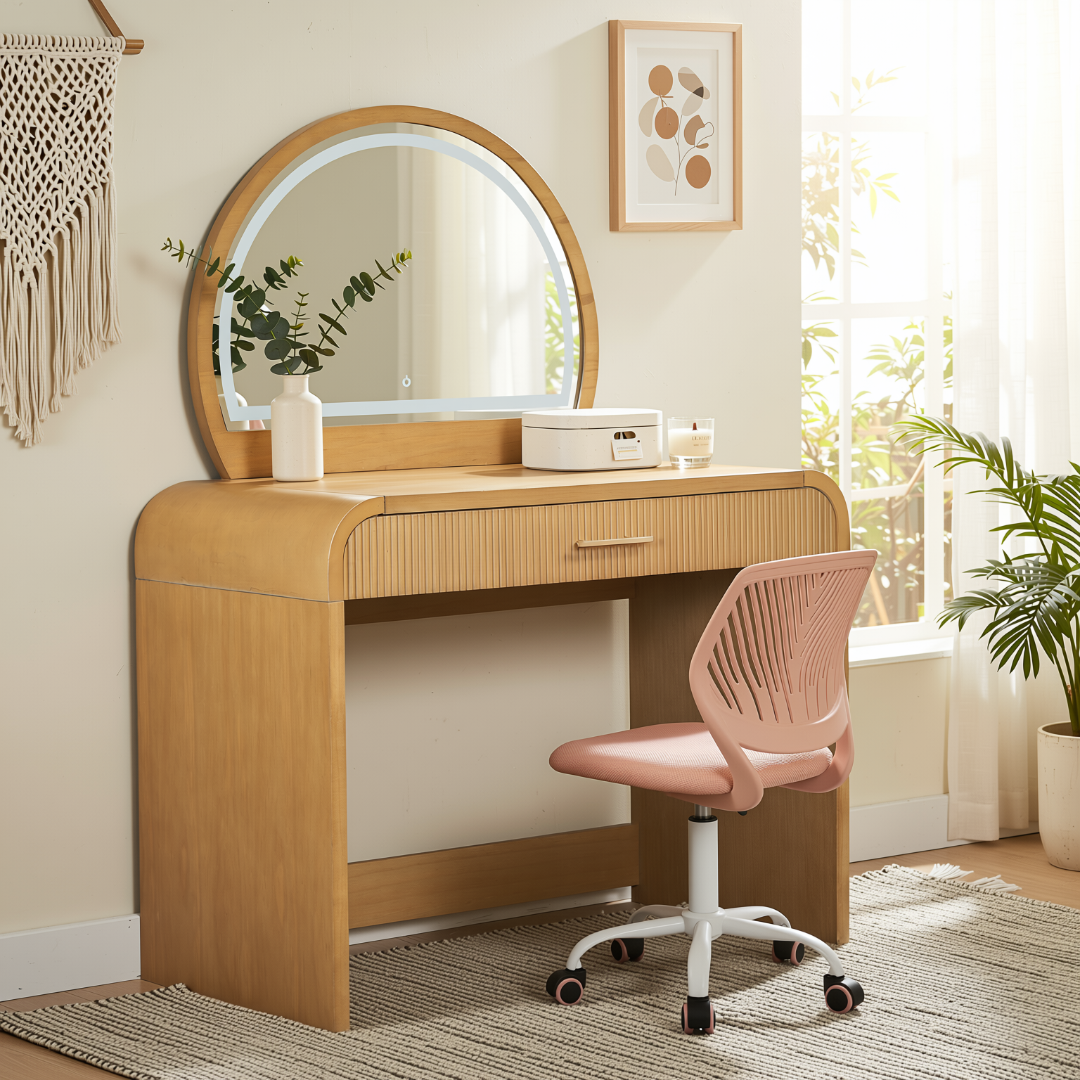 Homy Casa Solis 2PC Vanity Set 39” Makeup Vanity Desk with Touch Lighted Mirror, Storage Drawer & Carnation Morandi Pink Swivel Chair