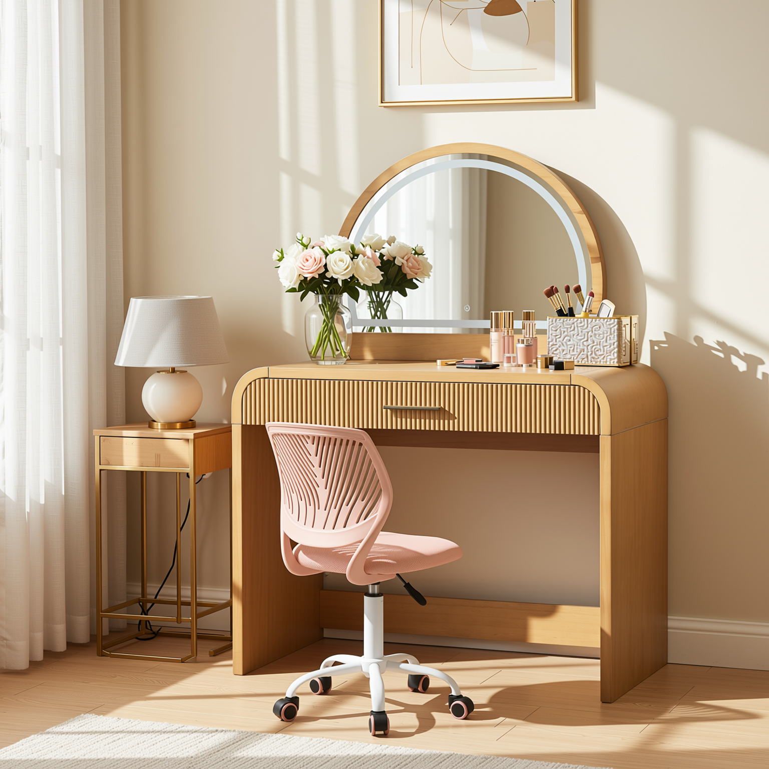 Homy Casa Solis 2PC Vanity Set 39” Makeup Vanity Desk with Touch Lighted Mirror, Storage Drawer & Carnation Morandi Pink Swivel Chair