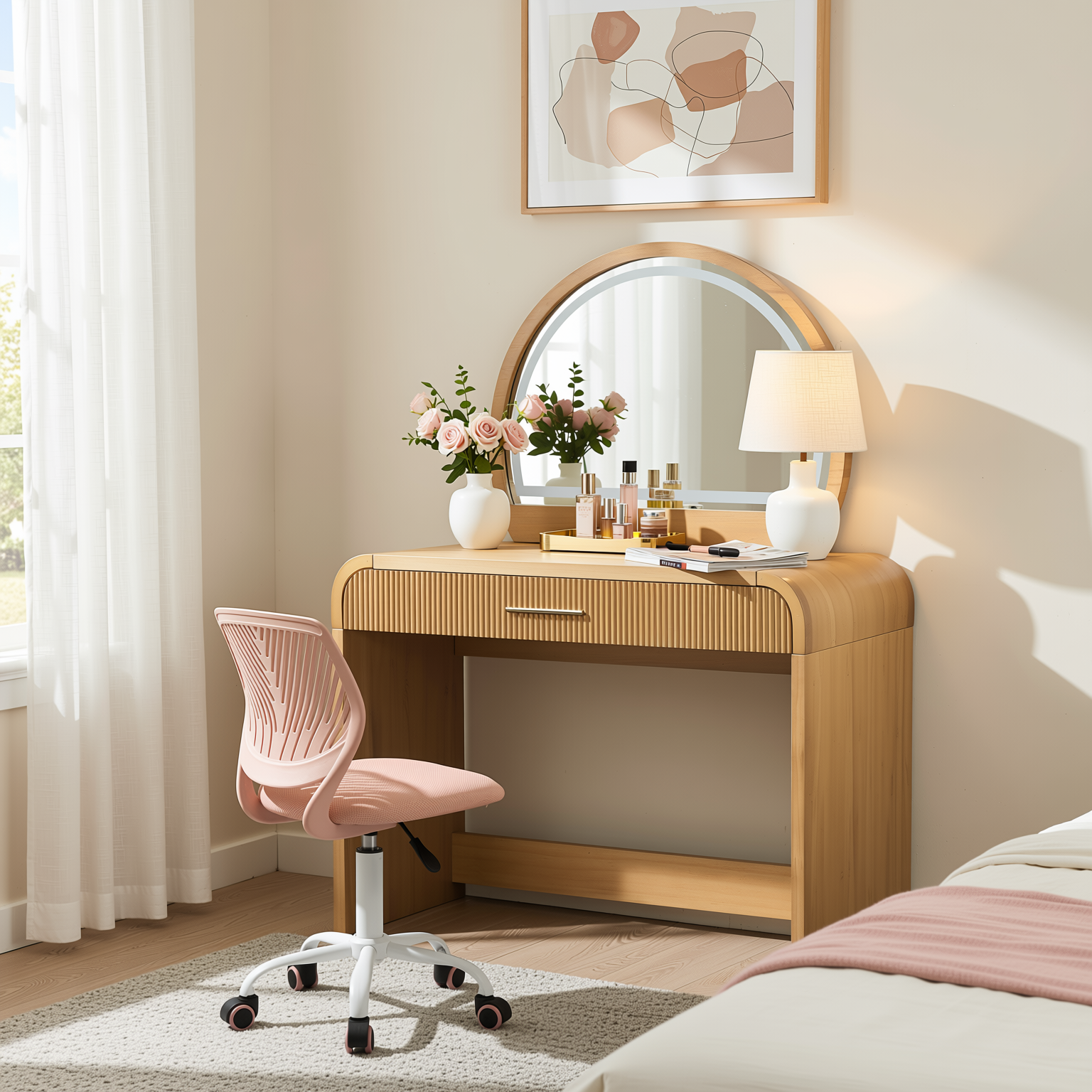 Homy Casa Solis 2PC Vanity Set 39” Makeup Vanity Desk with Touch Lighted Mirror, Storage Drawer & Carnation Morandi Pink Swivel Chair