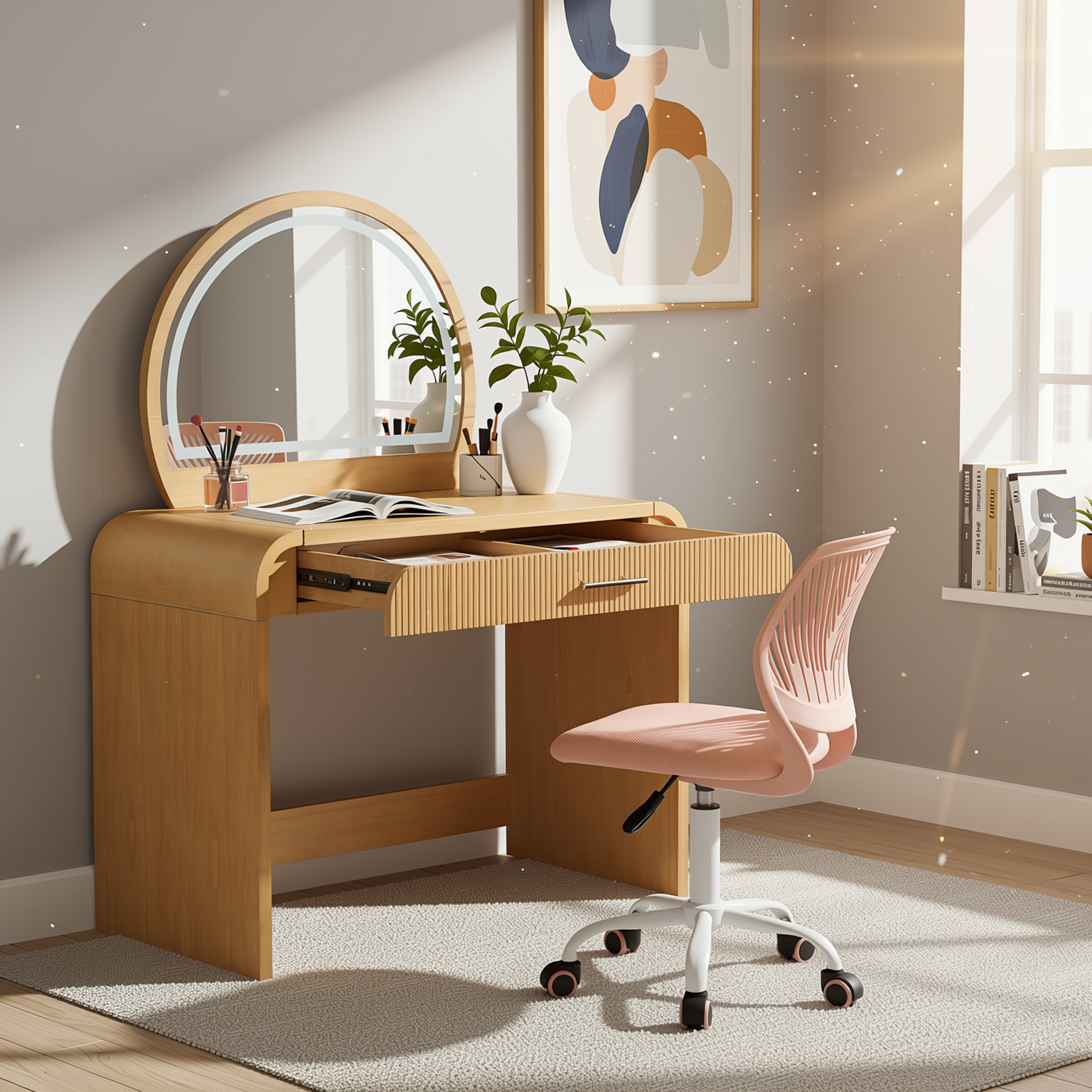 Homy Casa Solis 2PC Vanity Set 39” Makeup Vanity Desk with Touch Lighted Mirror, Storage Drawer & Carnation Morandi Pink Swivel Chair