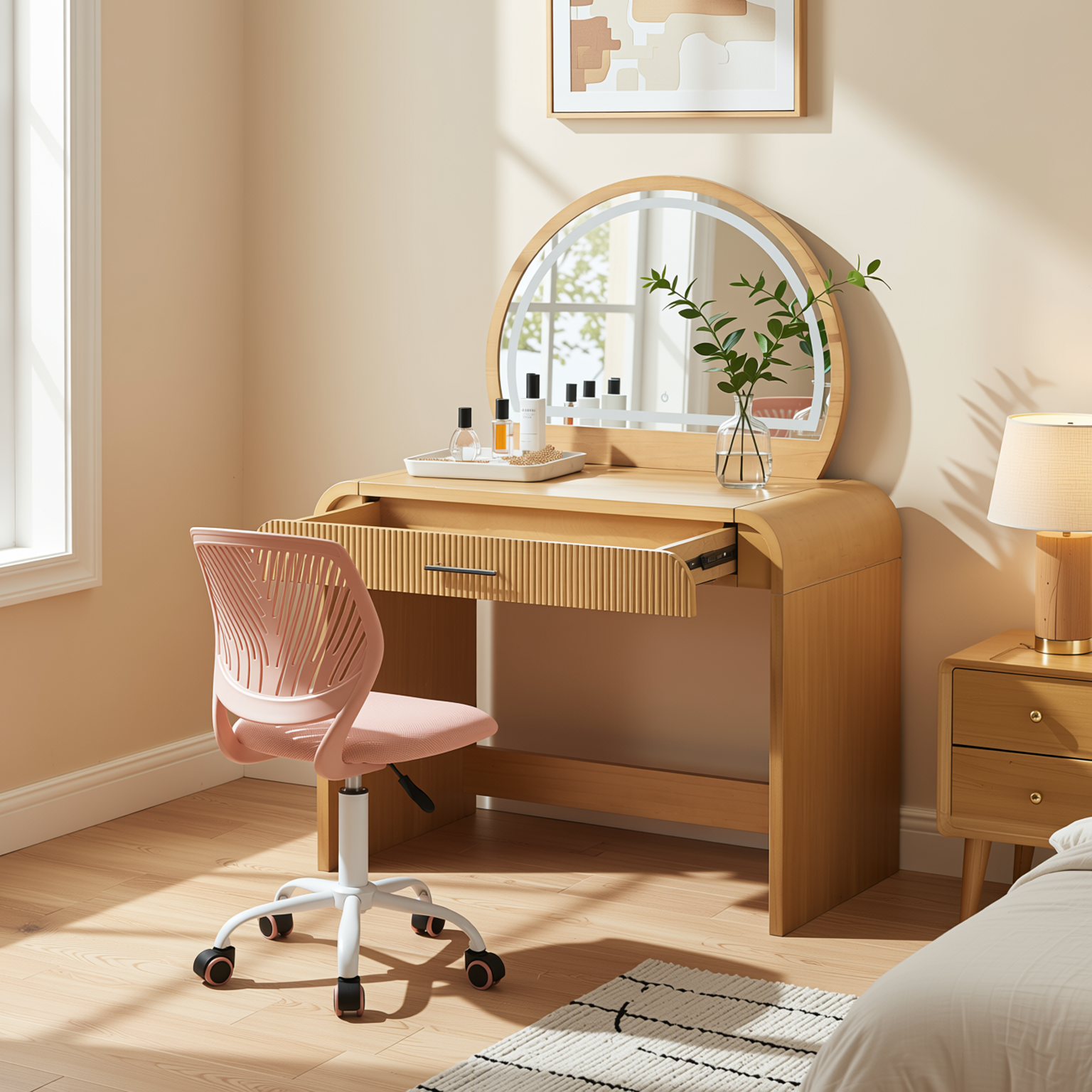 Homy Casa Solis 2PC Vanity Set 39” Makeup Vanity Desk with Touch Lighted Mirror, Storage Drawer & Carnation Morandi Pink Swivel Chair