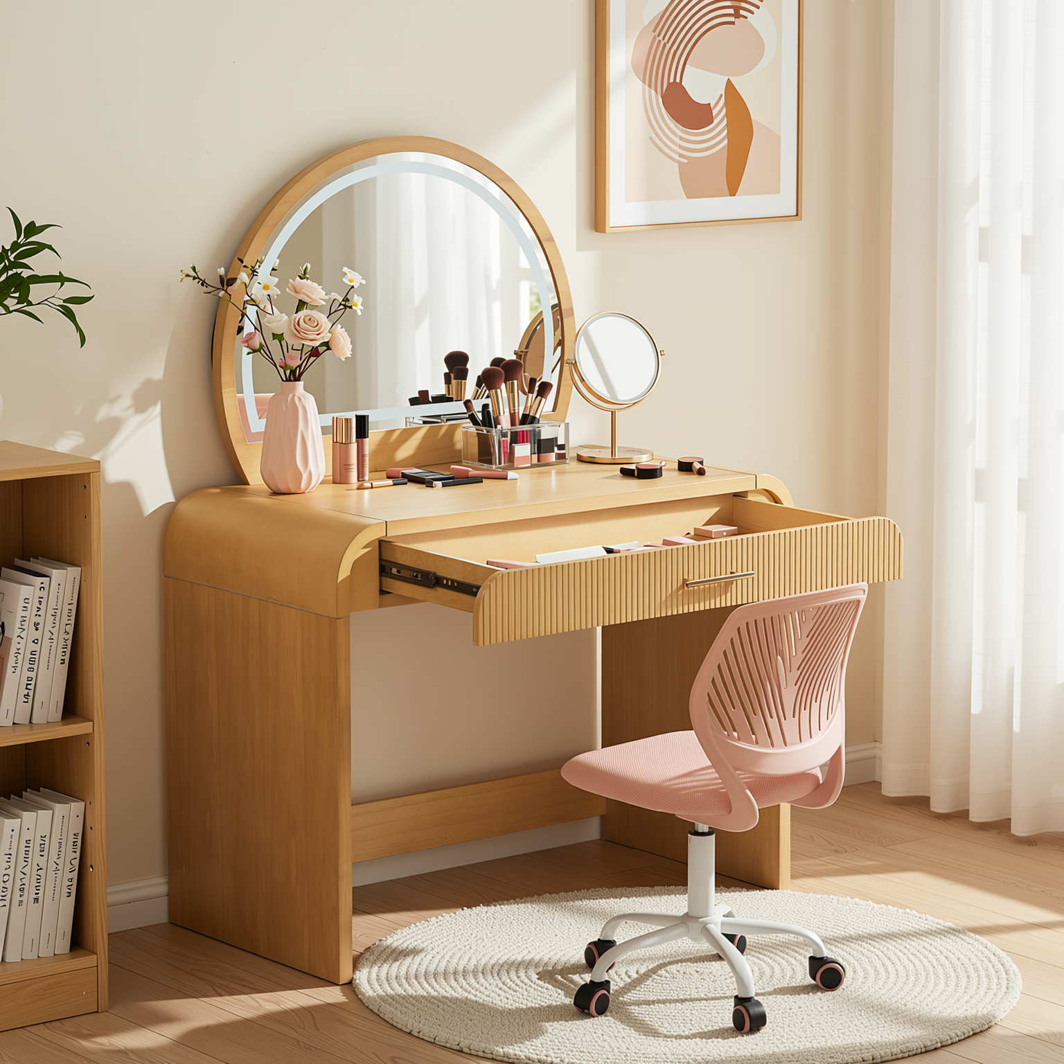 Homy Casa Solis 2PC Vanity Set 39” Makeup Vanity Desk with Touch Lighted Mirror, Storage Drawer & Carnation Morandi Pink Swivel Chair