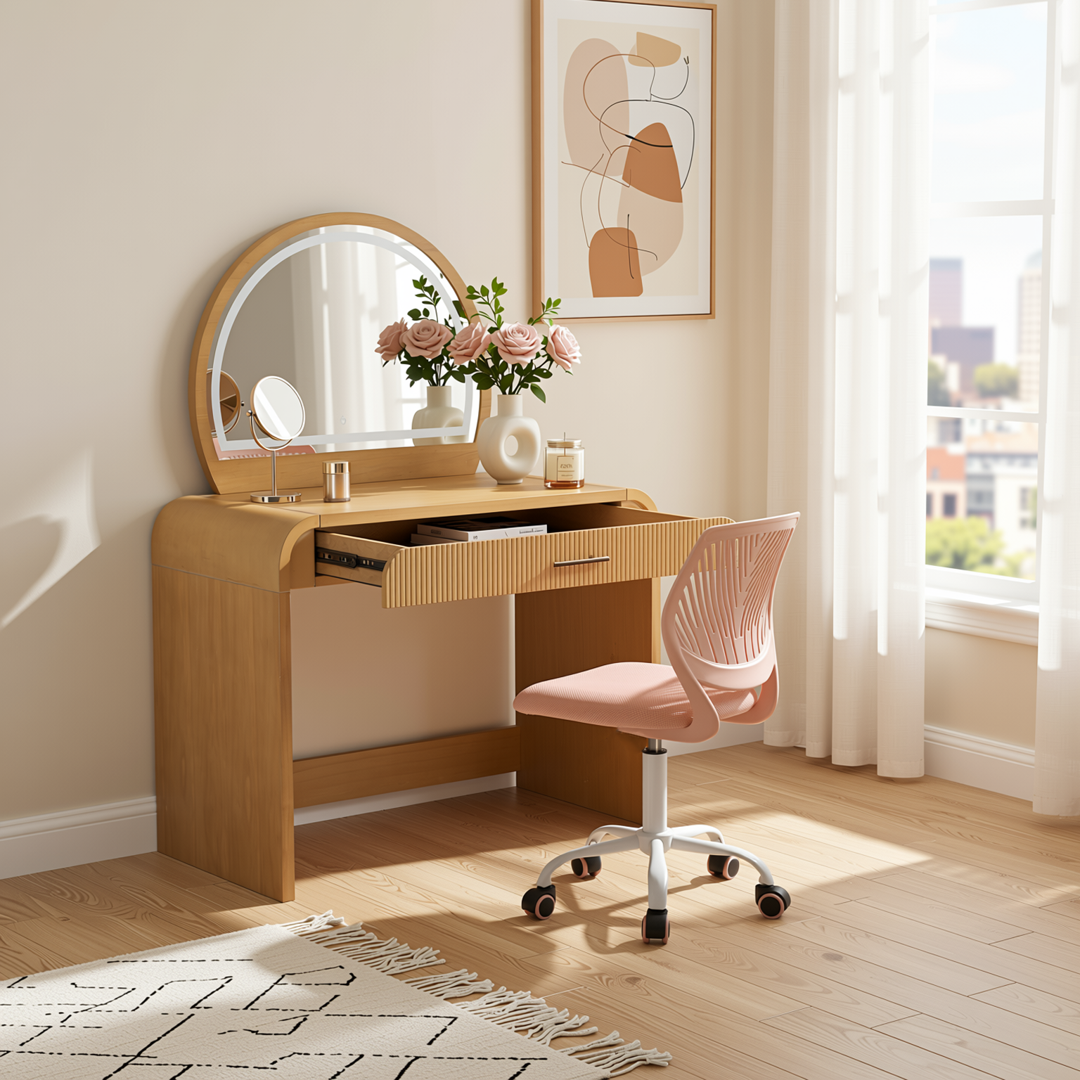 Homy Casa Solis 2PC Vanity Set 39” Makeup Vanity Desk with Touch Lighted Mirror, Storage Drawer & Carnation Morandi Pink Swivel Chair