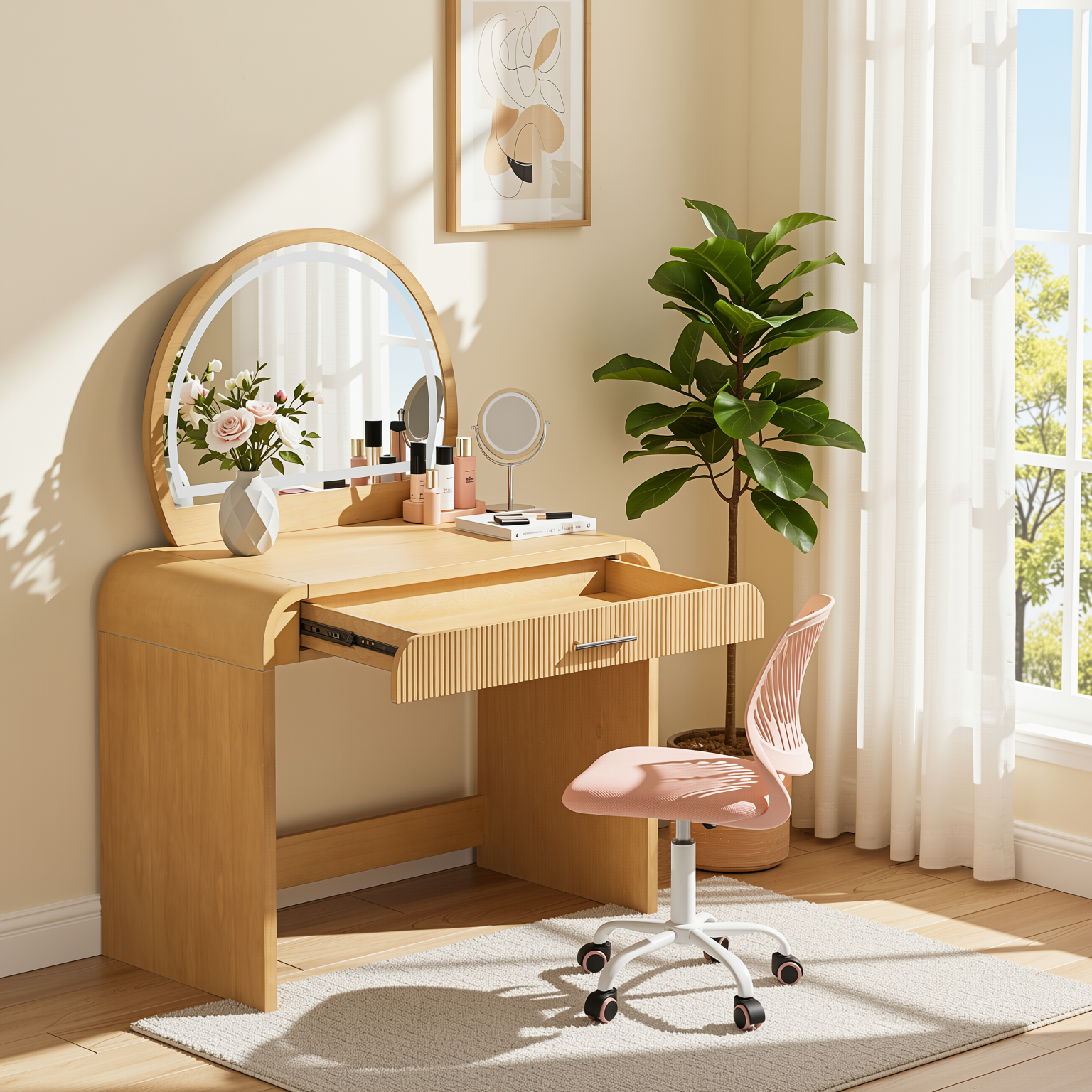 Homy Casa Solis 2PC Vanity Set 39” Makeup Vanity Desk with Touch Lighted Mirror, Storage Drawer & Carnation Morandi Pink Swivel Chair