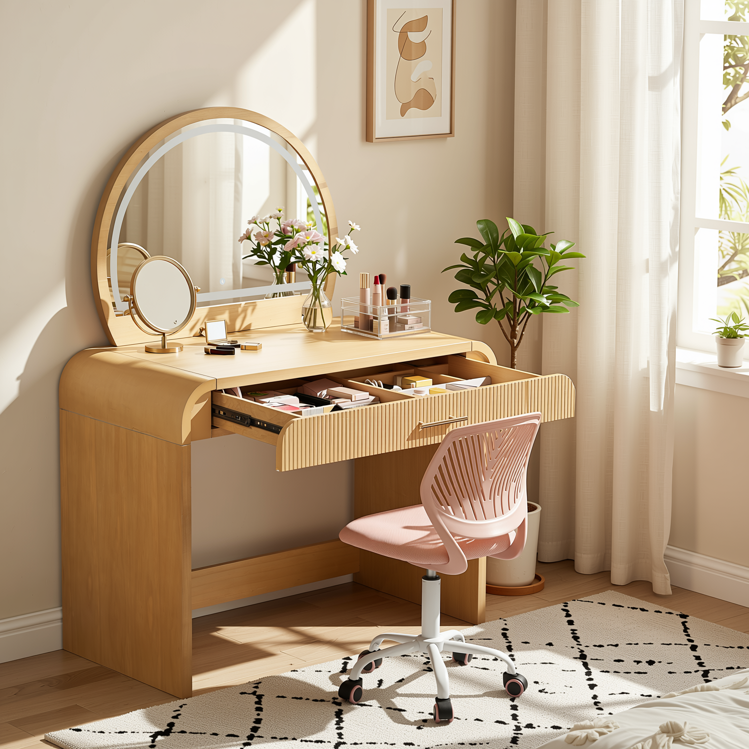 Homy Casa Solis 2PC Vanity Set 39” Makeup Vanity Desk with Touch Lighted Mirror, Storage Drawer & Carnation Morandi Pink Swivel Chair