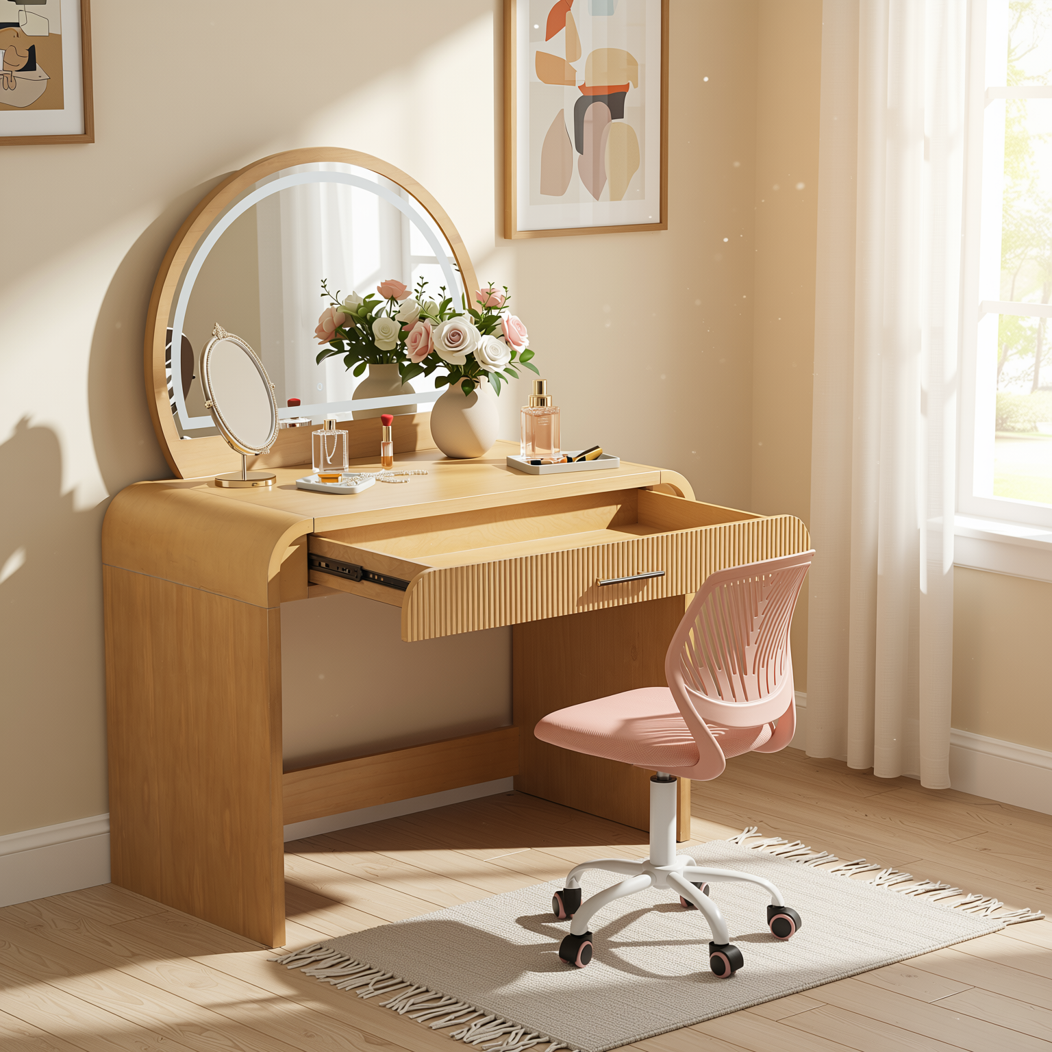 Homy Casa Solis 2PC Vanity Set 39” Makeup Vanity Desk with Touch Lighted Mirror, Storage Drawer & Carnation Morandi Pink Swivel Chair