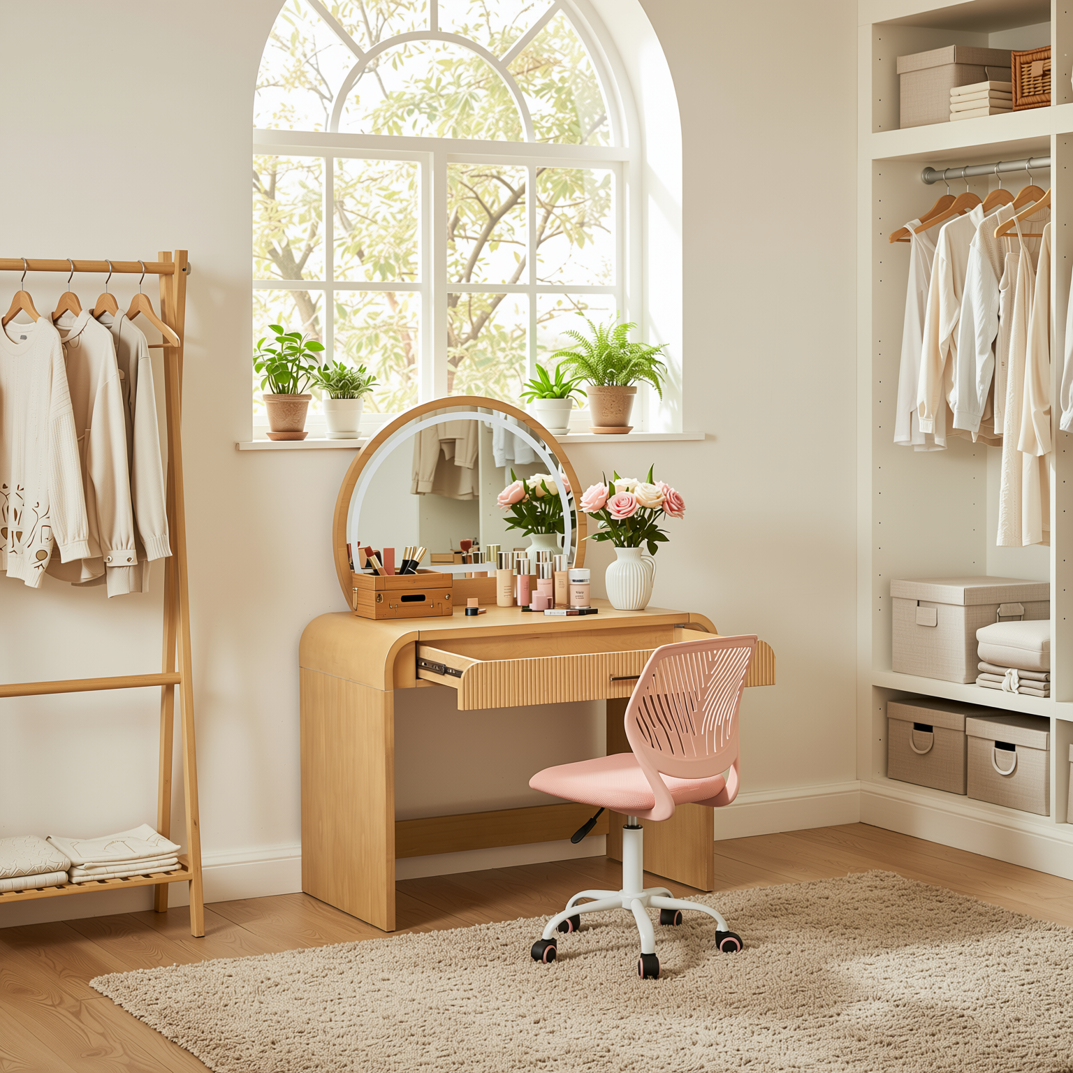 Homy Casa Solis 2PC Vanity Set 39” Makeup Vanity Desk with Touch Lighted Mirror, Storage Drawer & Carnation Morandi Pink Swivel Chair