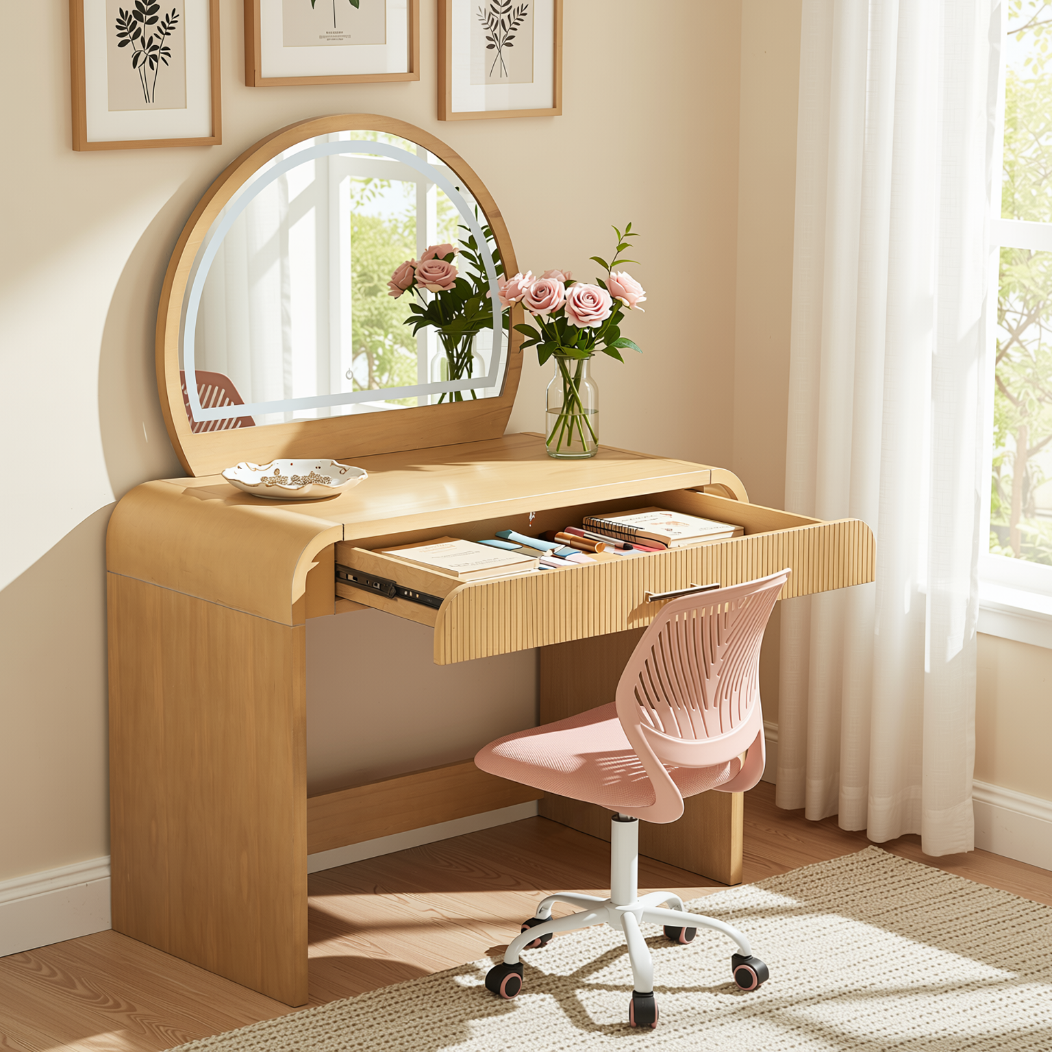 Homy Casa Solis 2PC Vanity Set 39” Makeup Vanity Desk with Touch Lighted Mirror, Storage Drawer & Carnation Morandi Pink Swivel Chair