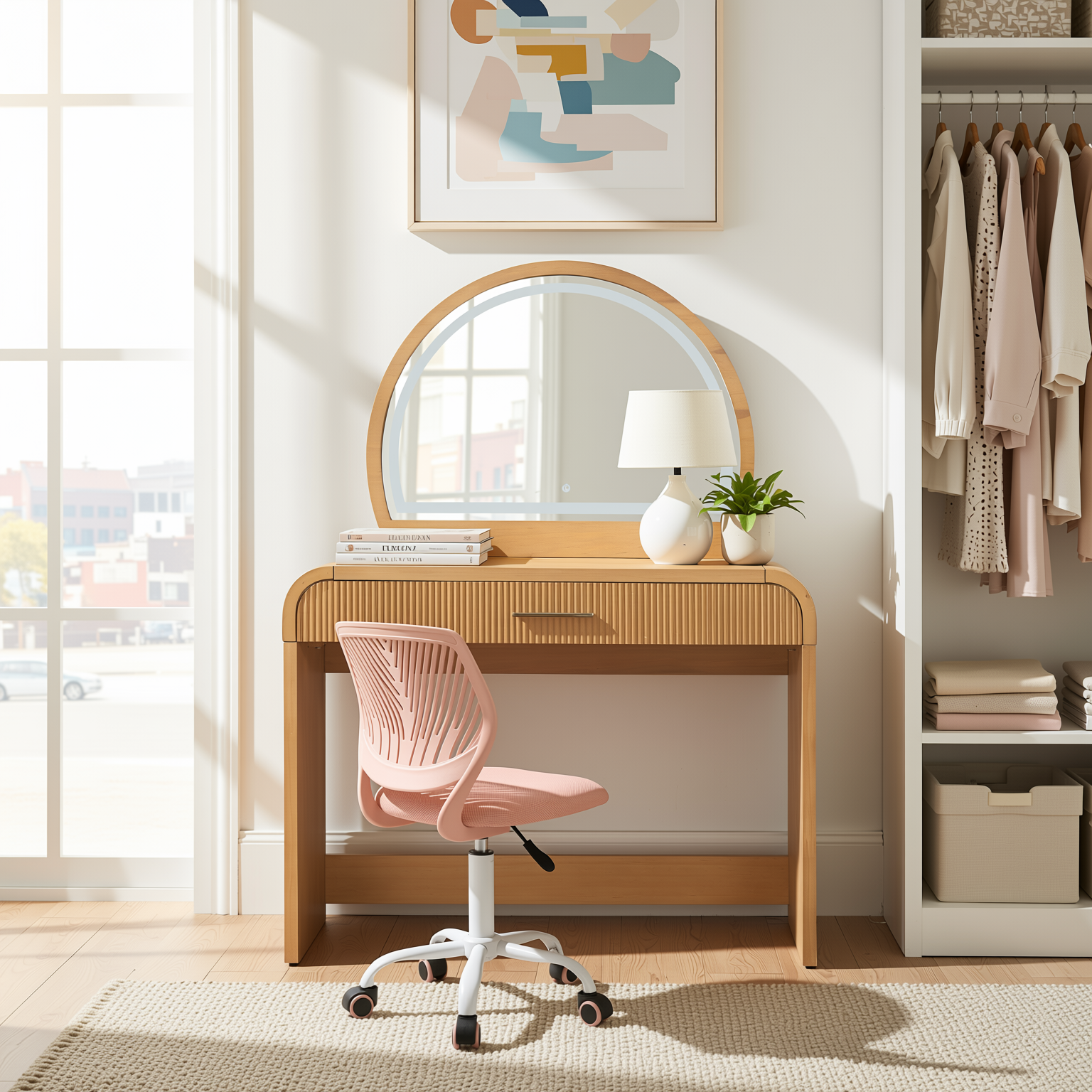Homy Casa Solis 2PC Vanity Set 39” Makeup Vanity Desk with Touch Lighted Mirror, Storage Drawer & Carnation Morandi Pink Swivel Chair