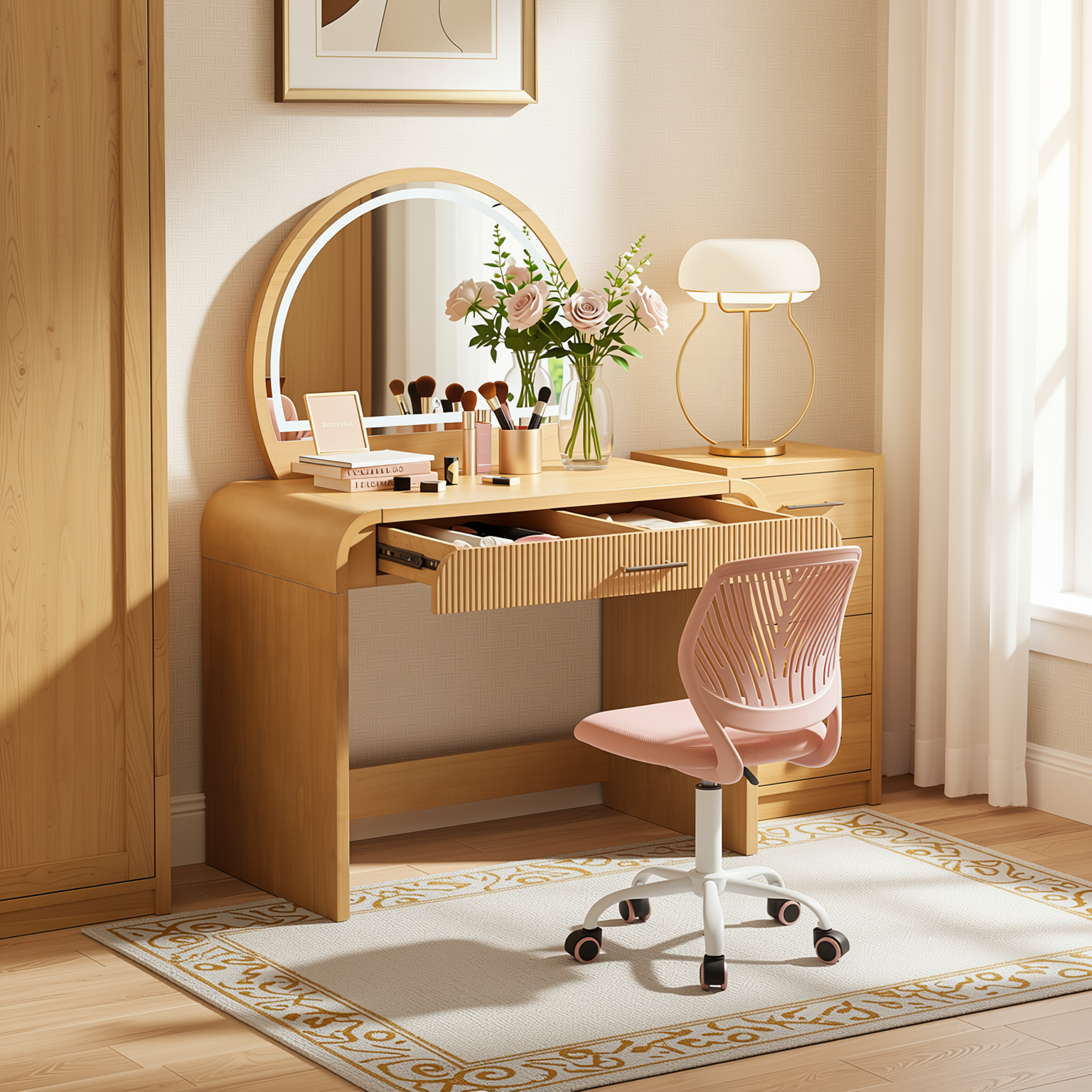Homy Casa Solis 2PC Vanity Set 39” Makeup Vanity Desk with Touch Lighted Mirror, Storage Drawer & Carnation Morandi Pink Swivel Chair