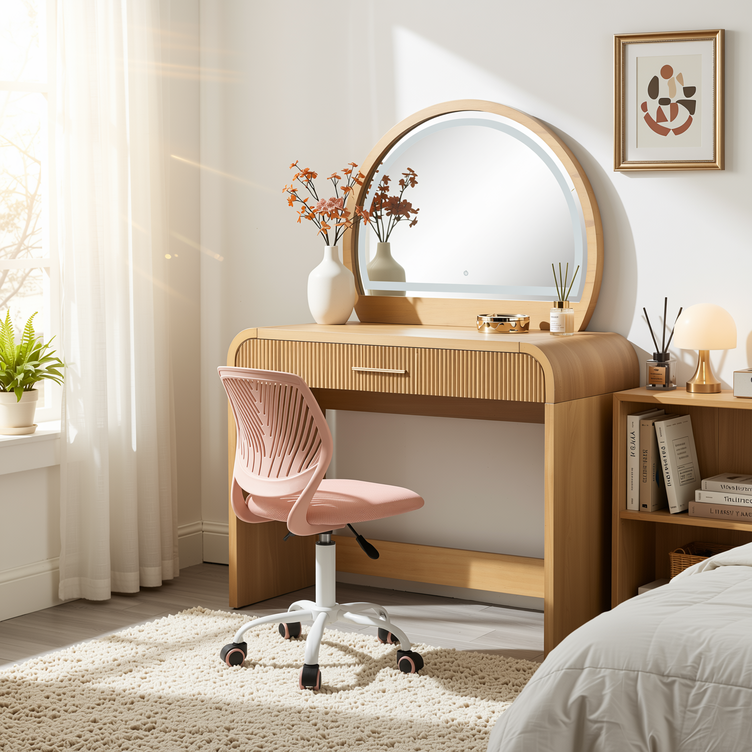 Homy Casa Solis 2PC Vanity Set 39” Makeup Vanity Desk with Touch Lighted Mirror, Storage Drawer & Carnation Morandi Pink Swivel Chair
