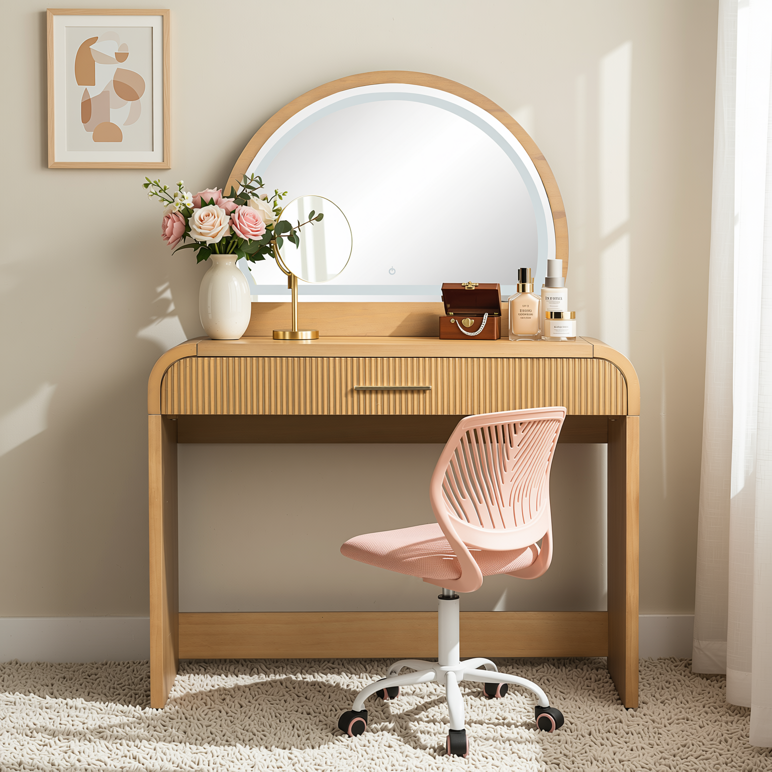 Homy Casa Solis 2PC Vanity Set 39” Makeup Vanity Desk with Touch Lighted Mirror, Storage Drawer & Carnation Morandi Pink Swivel Chair