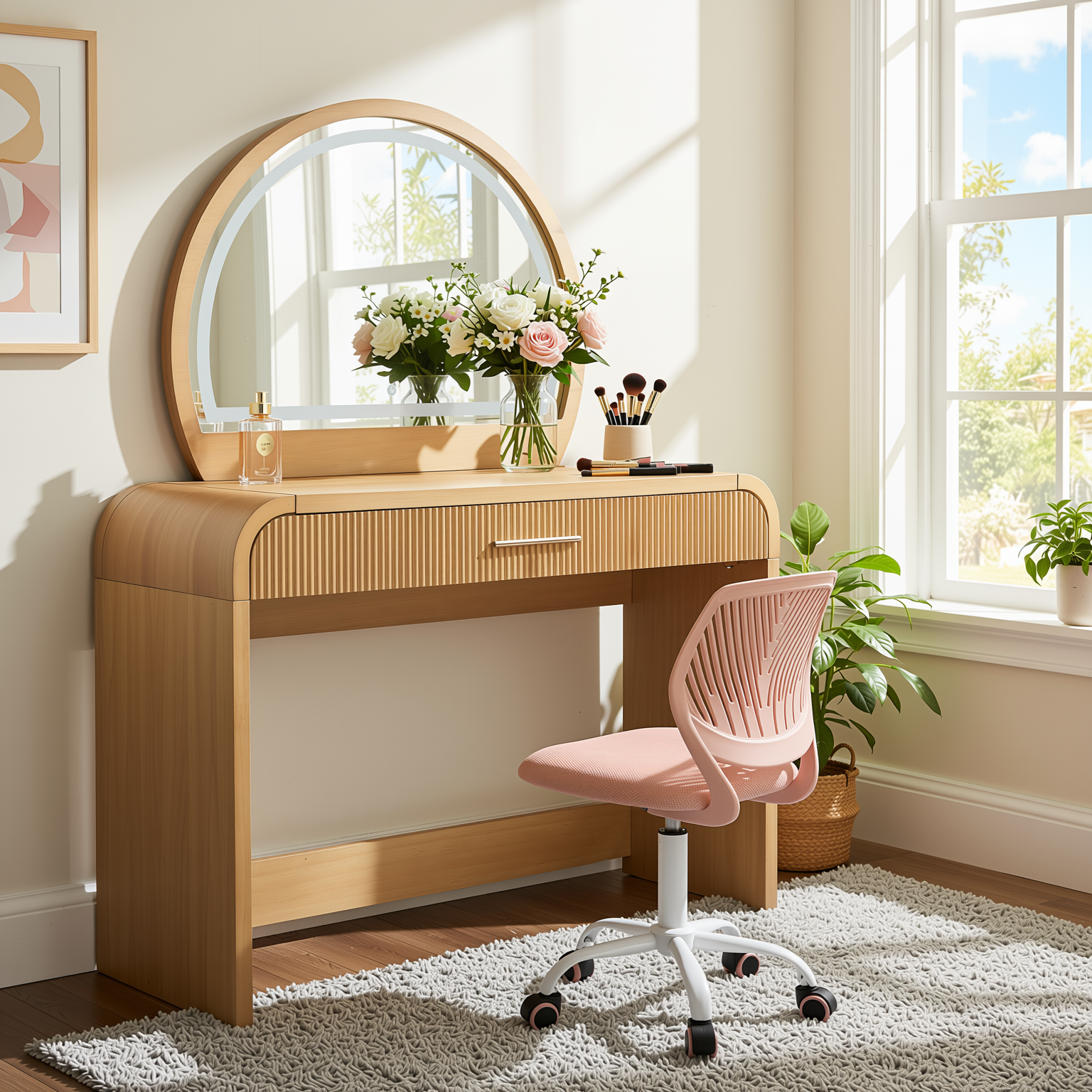 Homy Casa Solis 2PC Vanity Set 39” Makeup Vanity Desk with Touch Lighted Mirror, Storage Drawer & Carnation Morandi Pink Swivel Chair