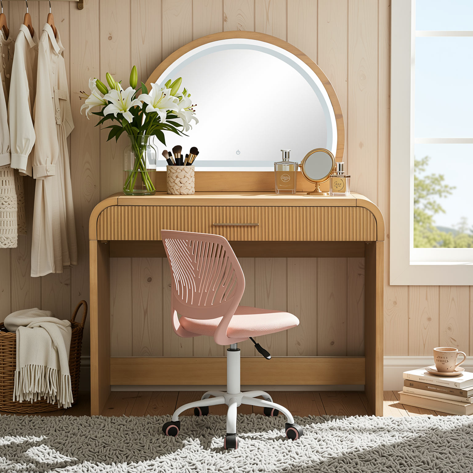 Homy Casa Solis 2PC Vanity Set 39” Makeup Vanity Desk with Touch Lighted Mirror, Storage Drawer & Carnation Morandi Pink Swivel Chair