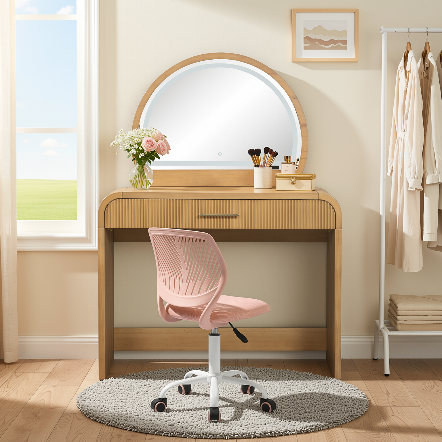 Homy Casa Solis 2PC Vanity Set 39” Makeup Vanity Desk with Touch Lighted Mirror, Storage Drawer & Carnation Morandi Pink Swivel Chair