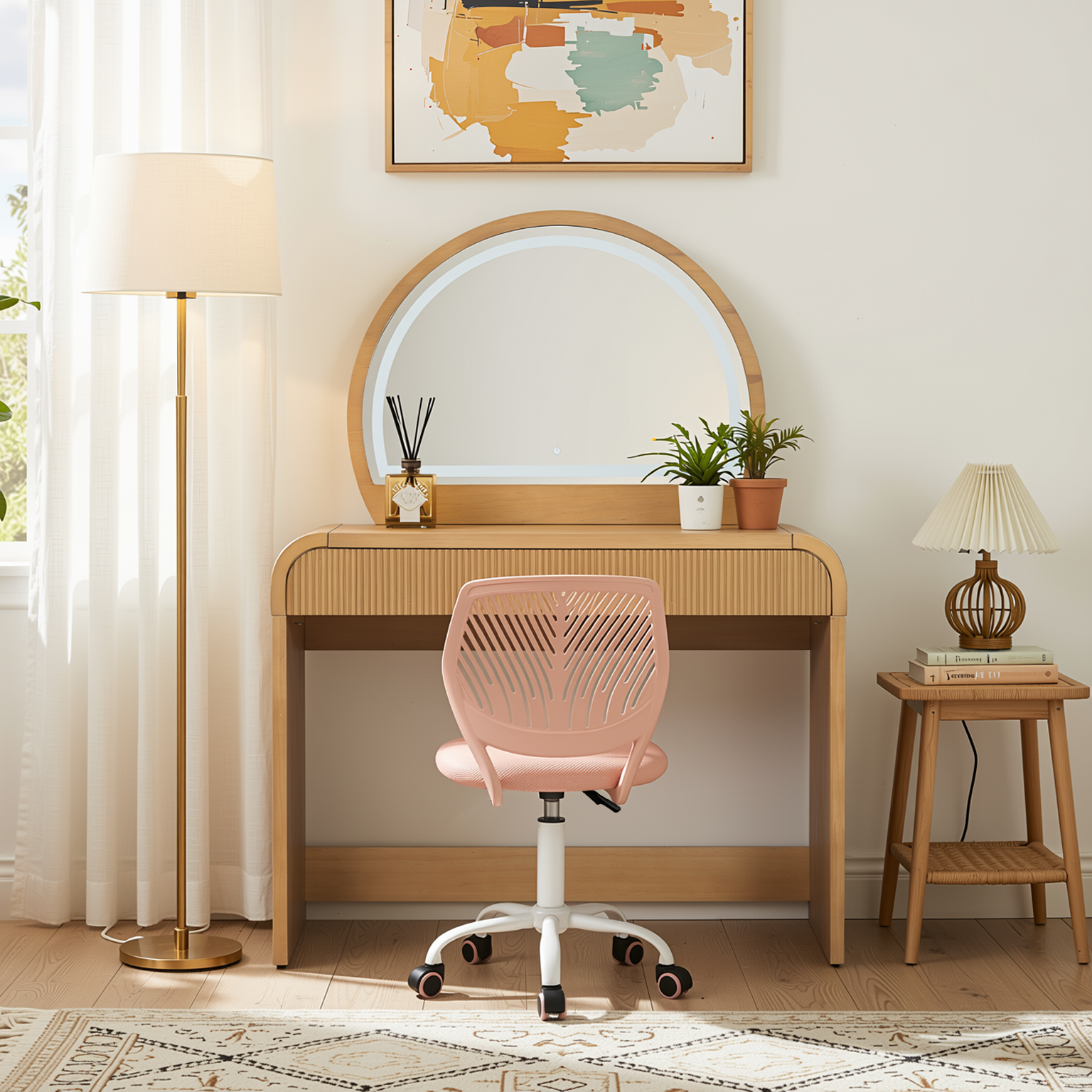 Homy Casa Solis 2PC Vanity Set 39” Makeup Vanity Desk with Touch Lighted Mirror, Storage Drawer & Carnation Morandi Pink Swivel Chair