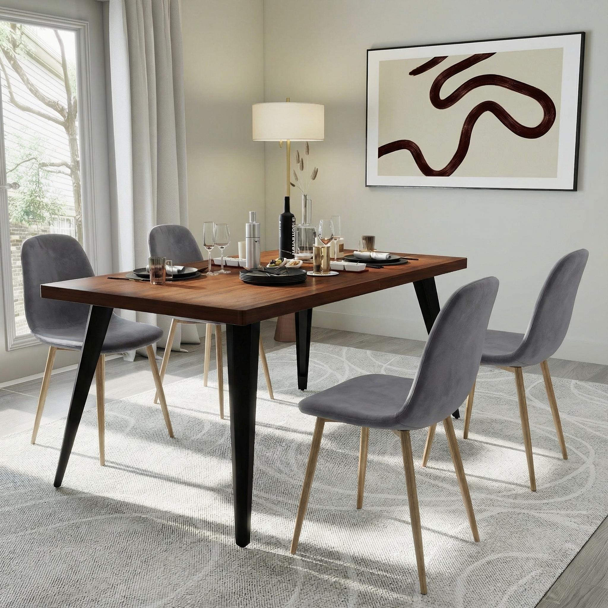 Homy Casa Stan 5 Piece Walnut Dining Table Set 63” Table with 4 Velvet Grey Charlton Upholstered Chairs