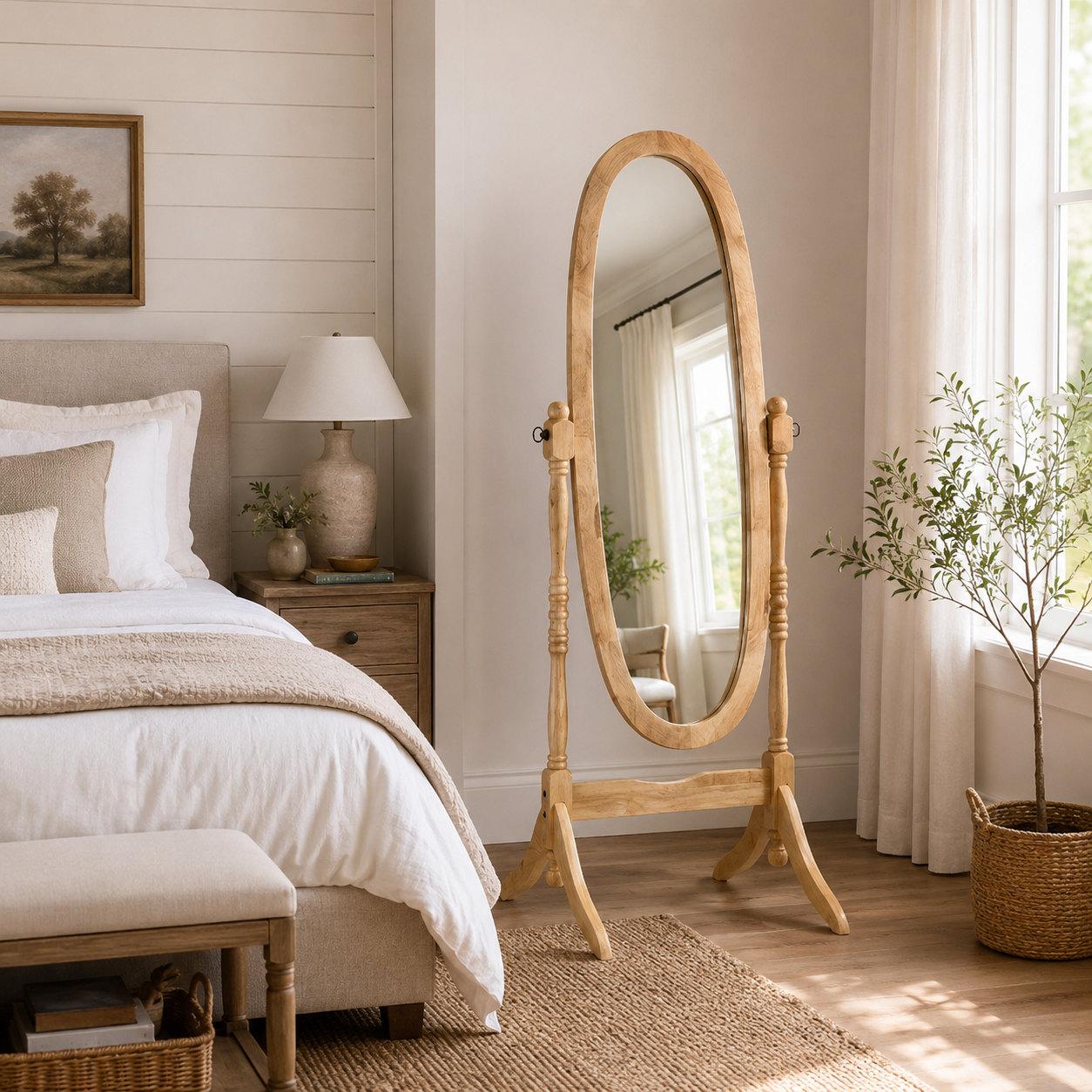 Sylvie 59" Solid Wood Cheval Mirror with Oval Tilting Frame