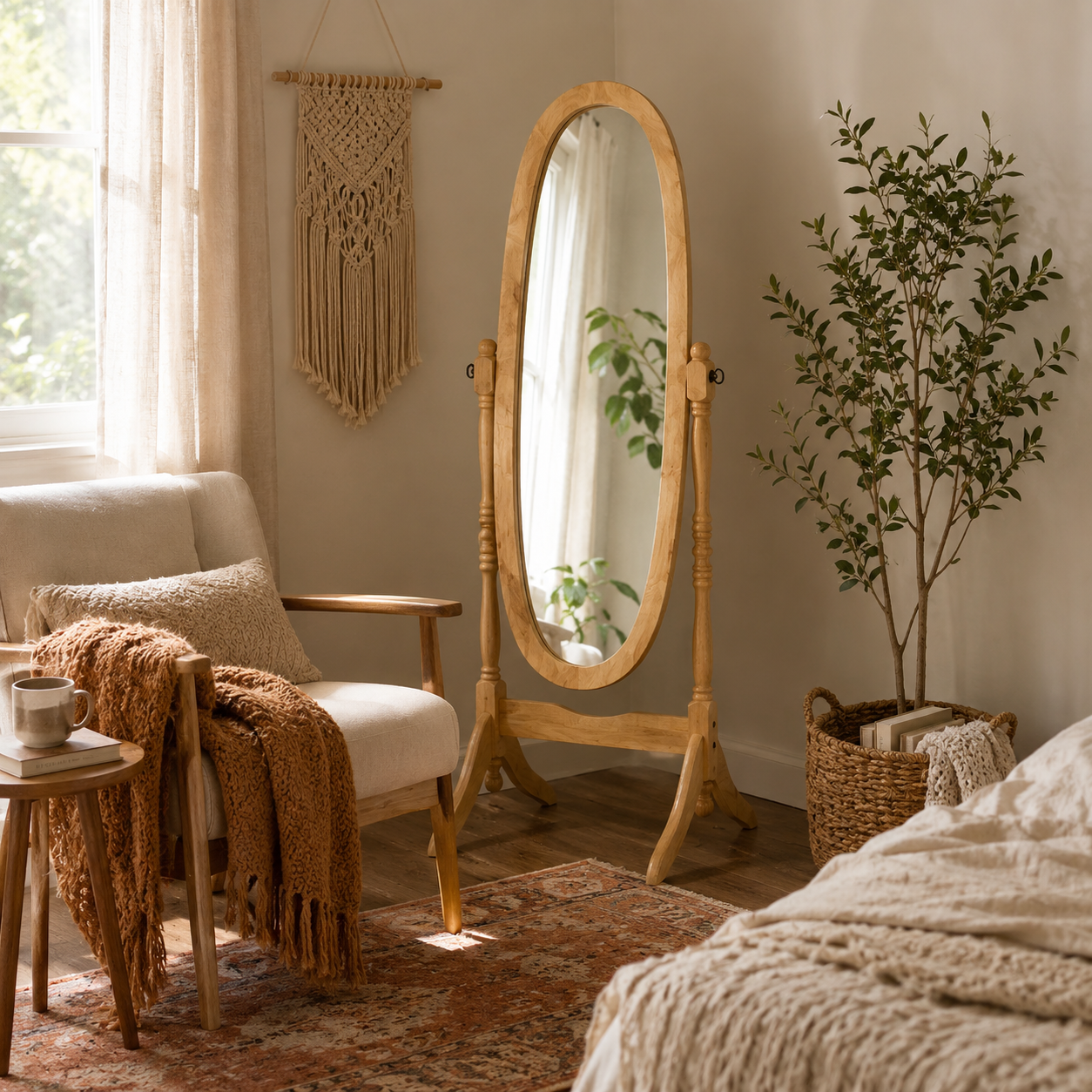 Sylvie 59" Solid Wood Cheval Mirror with Oval Tilting Frame