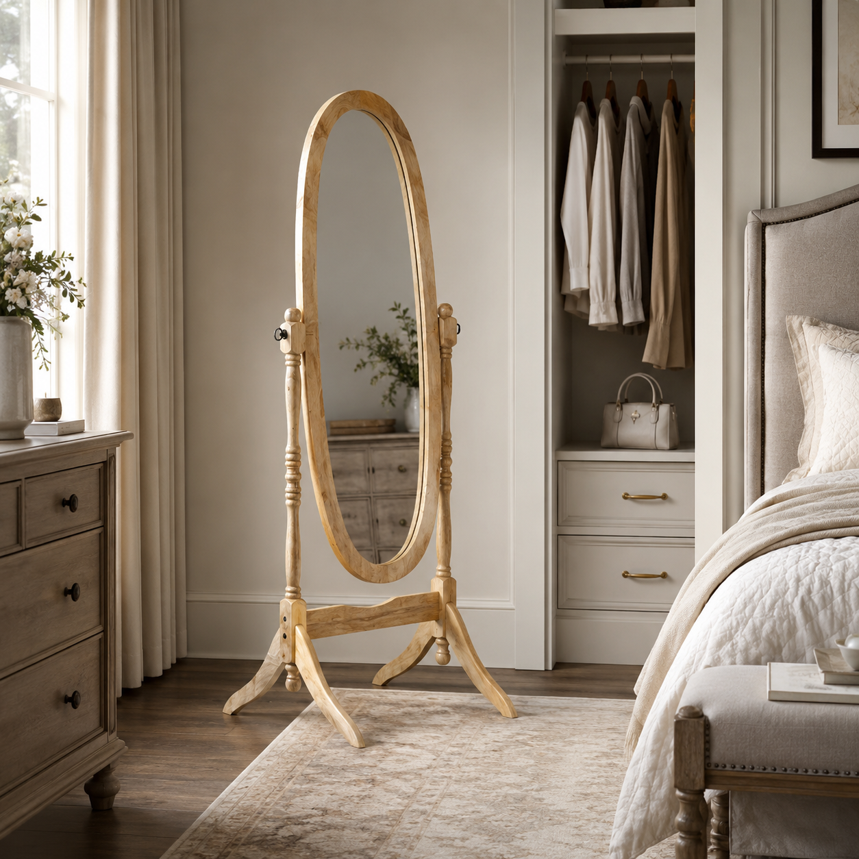 Sylvie 59" Solid Wood Cheval Mirror with Oval Tilting Frame
