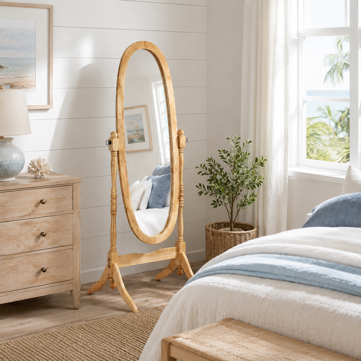 Sylvie 59" Solid Wood Cheval Mirror with Oval Tilting Frame