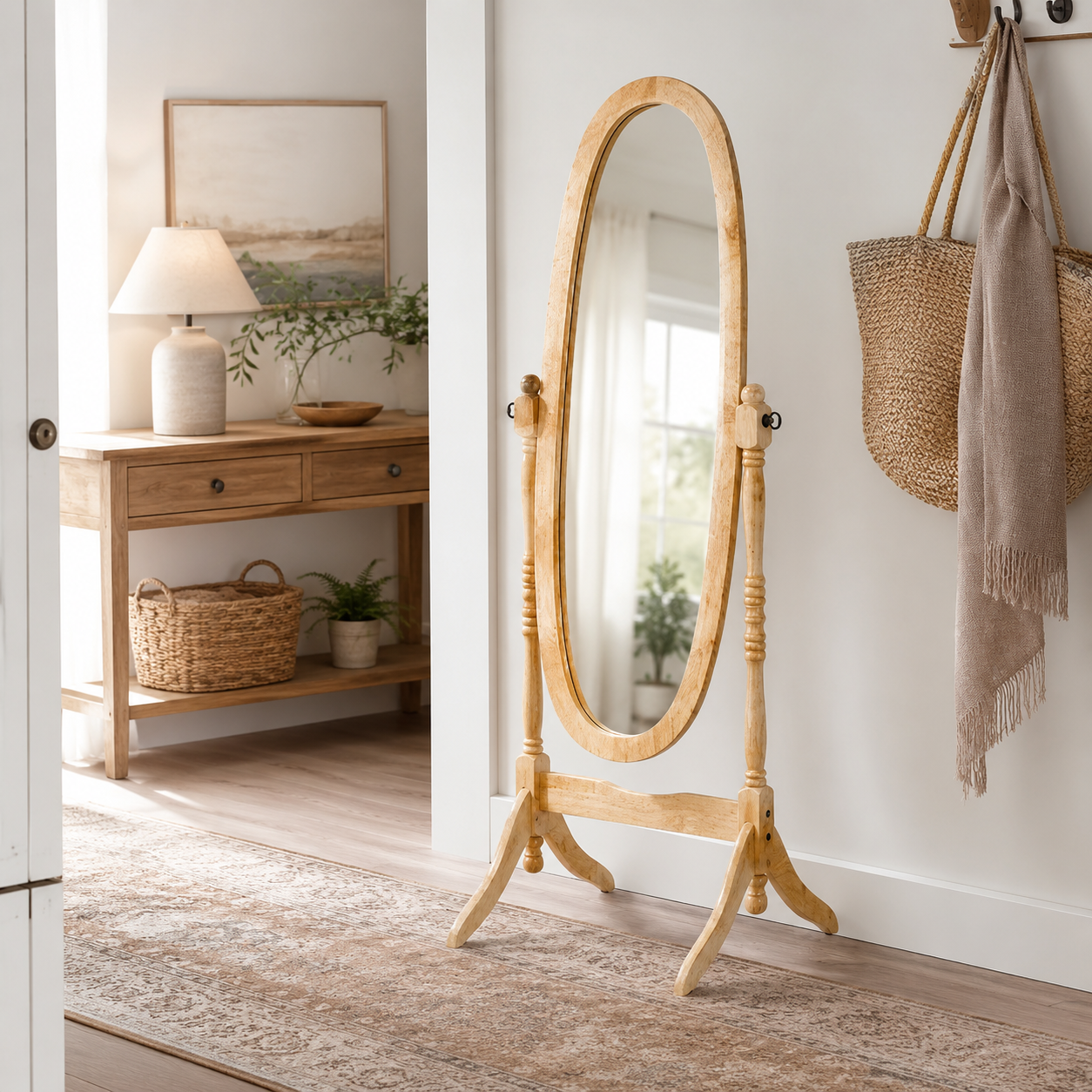 Sylvie 59" Solid Wood Cheval Mirror with Oval Tilting Frame