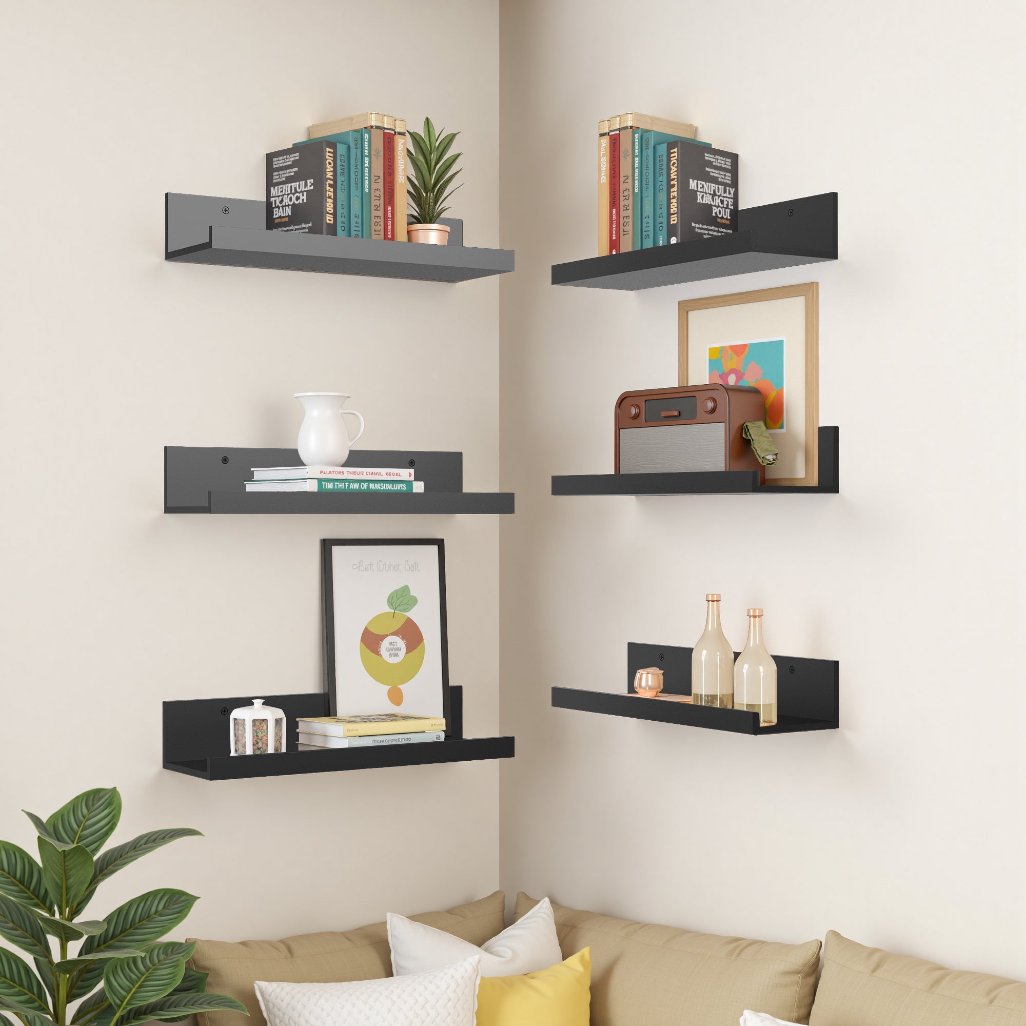 Tabby 16”x5” Floating Shelves, Metal Wall Mounted Ledge, Matte Black for Living Room Bedroom Bathroom
