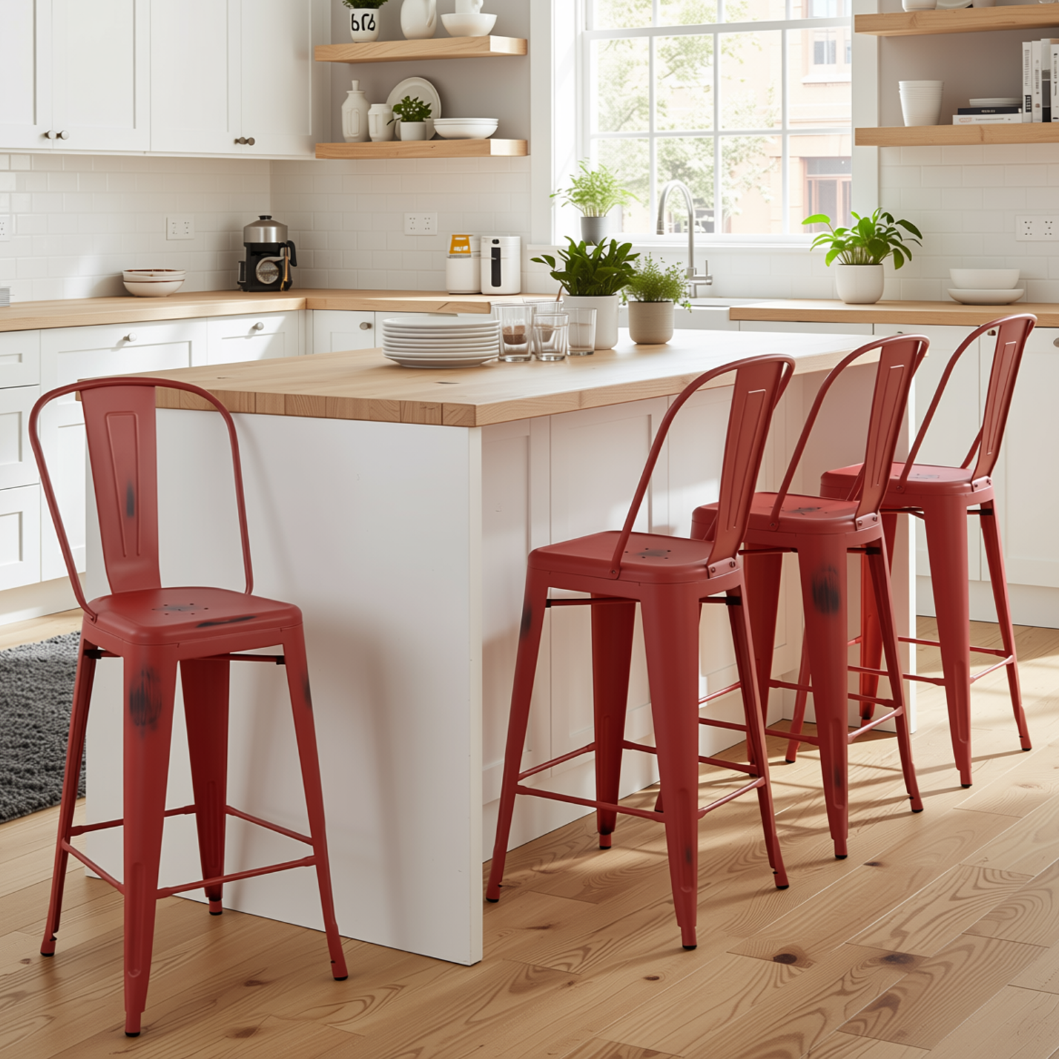 Homy Casa THOCAR 4PC Bar Stool Set 29” Vintage Red Metal Bar Chairs for Kitchen & Dining Open Box