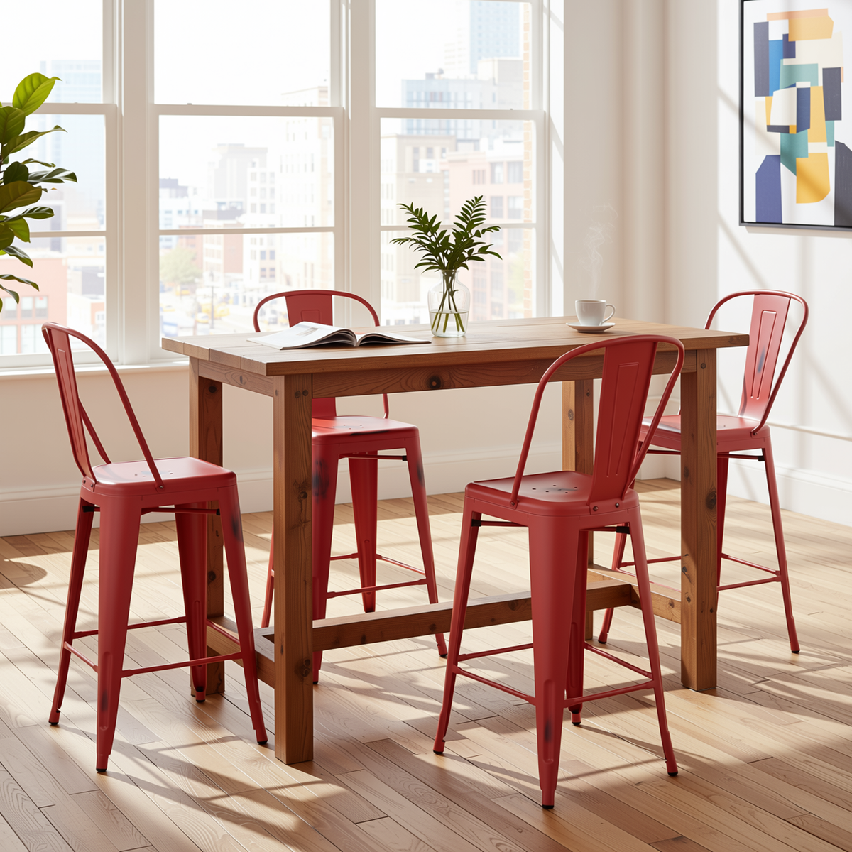 Homy Casa THOCAR 4PC Bar Stool Set 29” Vintage Red Metal Bar Chairs for Kitchen & Dining Open Box