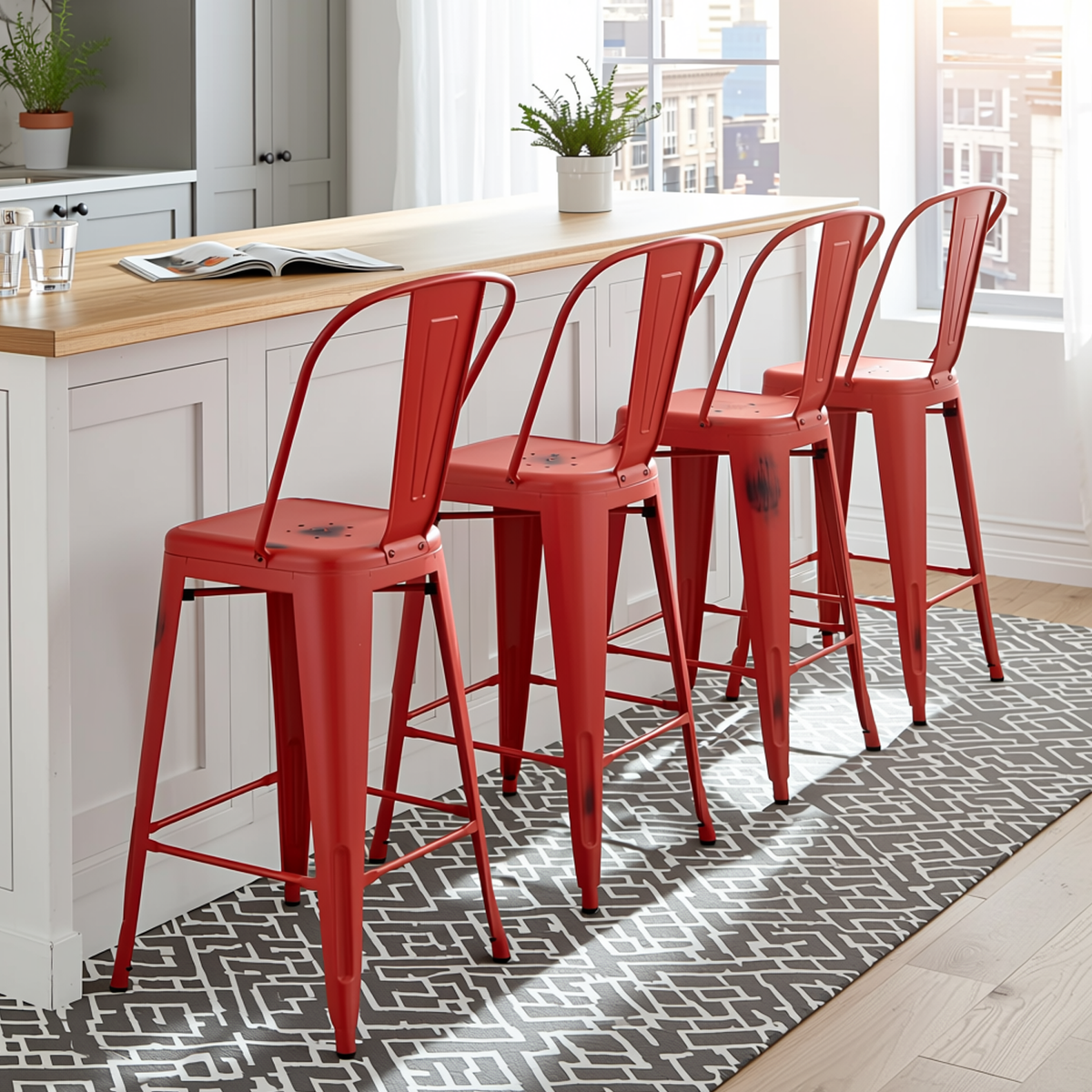 Homy Casa THOCAR 4PC Bar Stool Set 29” Vintage Red Metal Bar Chairs for Kitchen & Dining Open Box
