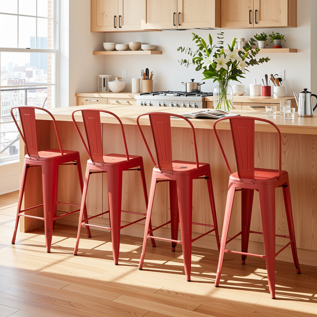 Homy Casa THOCAR 4PC Bar Stool Set 29” Vintage Red Metal Bar Chairs for Kitchen & Dining Open Box
