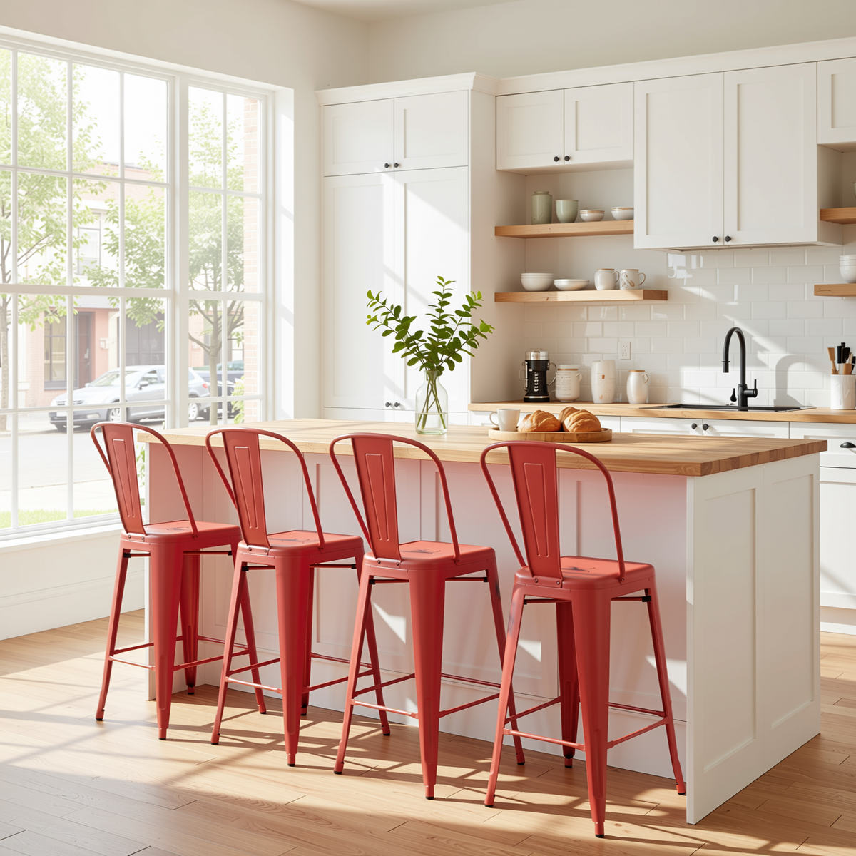 Homy Casa THOCAR 4PC Bar Stool Set 29” Vintage Red Metal Bar Chairs for Kitchen & Dining Open Box