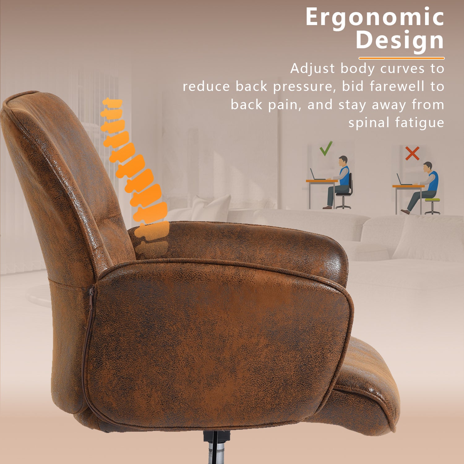 Homy Casa Thomasina Adjustable Office Chair in Suede Brown