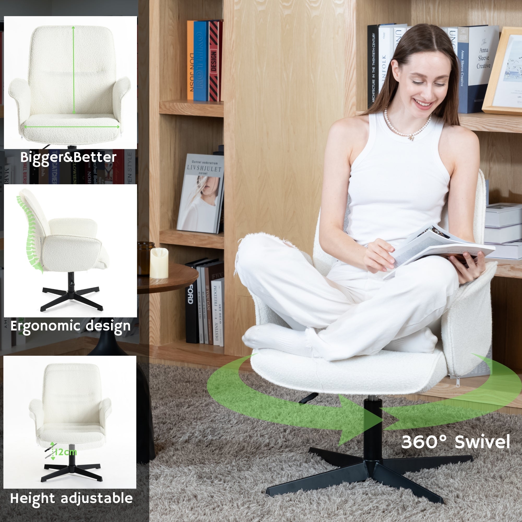 Homy Casa Thomasina 2PC Living Room Chair Set Adjustable Swivel Lounge Chairs in White Open Box