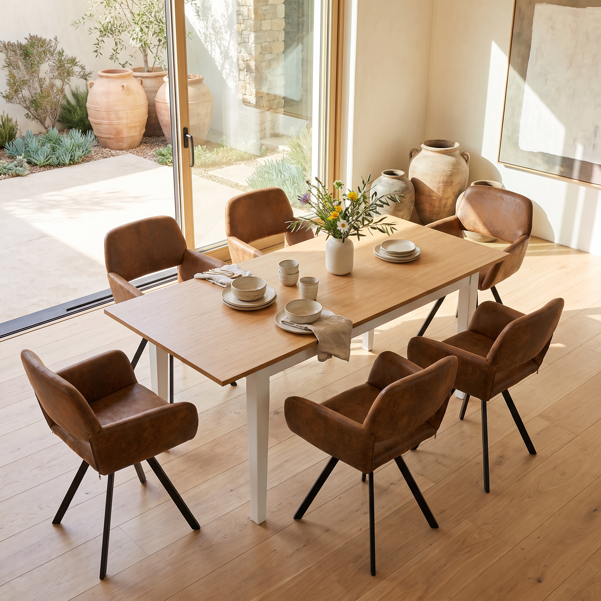 Homy Casa THOMMY+CALIFORNIA 7PC Dining Set with Extendable Table and 6 Brown Swivel Chairs Open Box