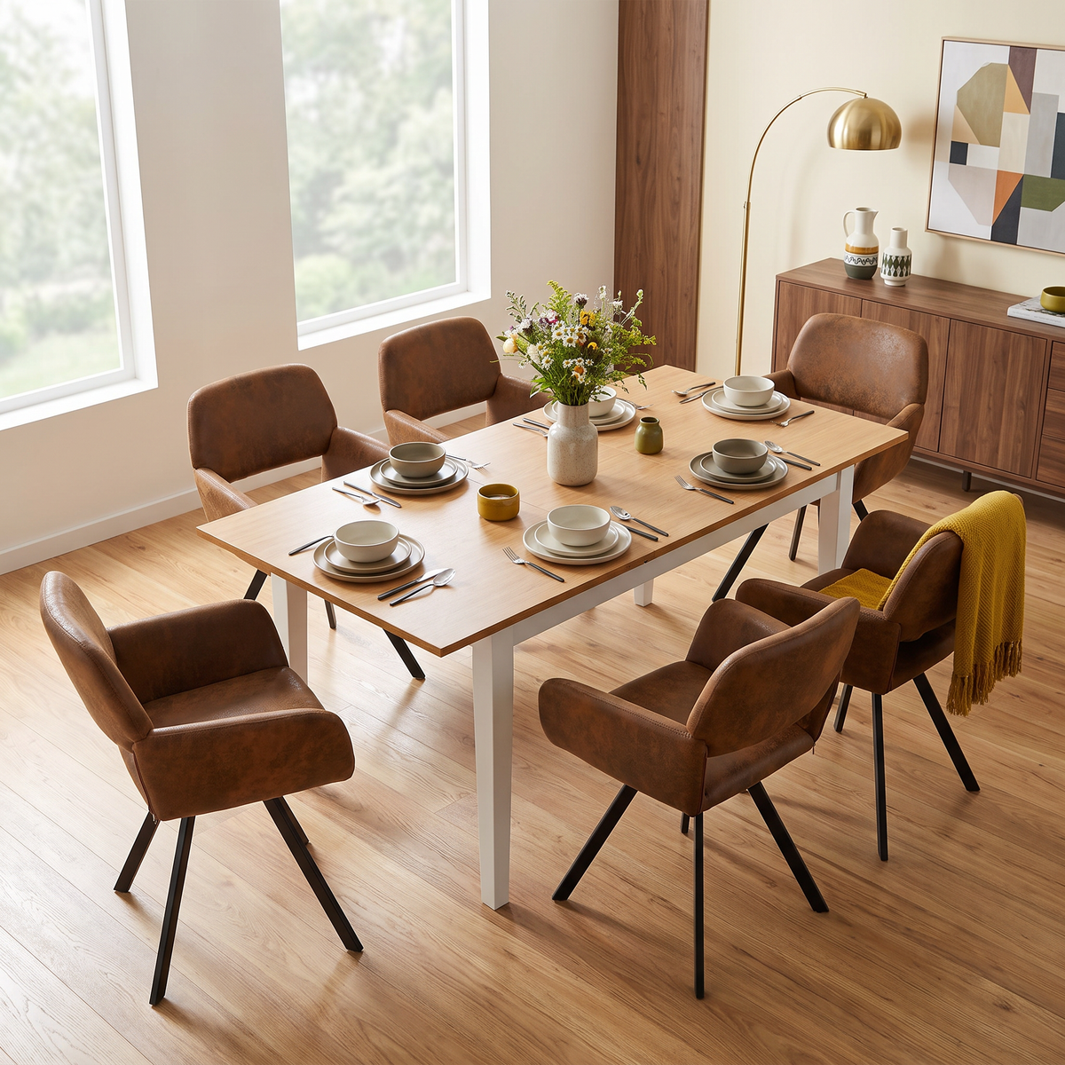 Homy Casa THOMMY+CALIFORNIA 7PC Dining Set with Extendable Table and 6 Brown Swivel Chairs Open Box