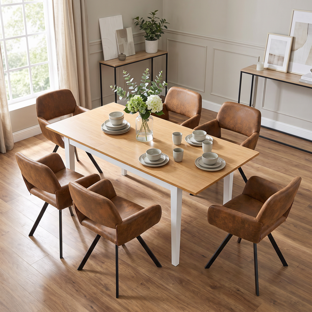 Homy Casa THOMMY+CALIFORNIA 7PC Dining Set with Extendable Table and 6 Brown Swivel Chairs Open Box