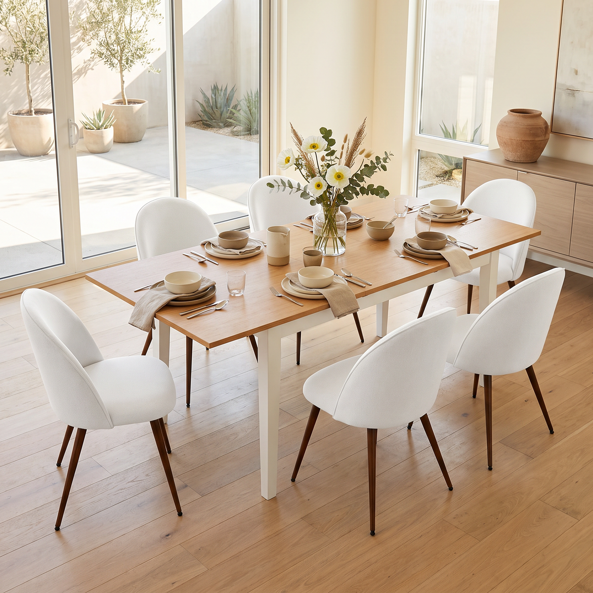Homy Casa THOMMY+HAVEN 7PC Dining Set with Extendable Table and 6 Beige Fabric Chairs Open Box