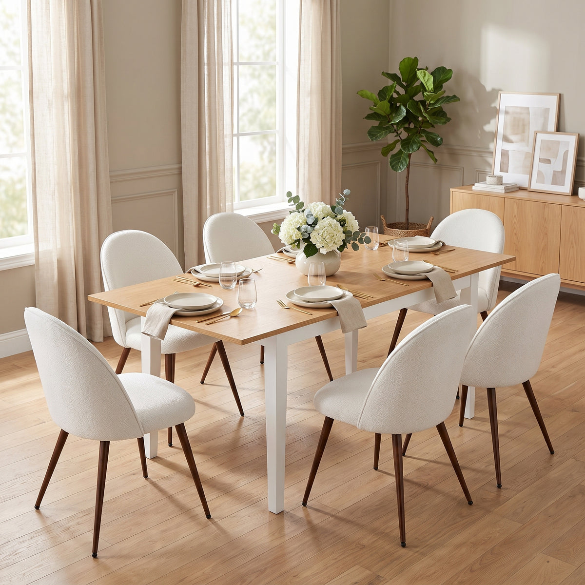 Homy Casa THOMMY+HAVEN 7PC Dining Set with Extendable Table and 6 Beige Fabric Chairs Open Box